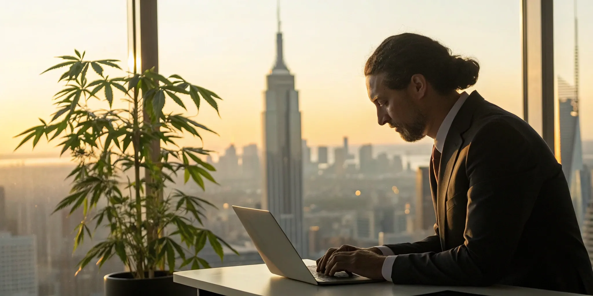 A professional at a desk with a cannabis plant calculates 280E tax compliance on a laptop.