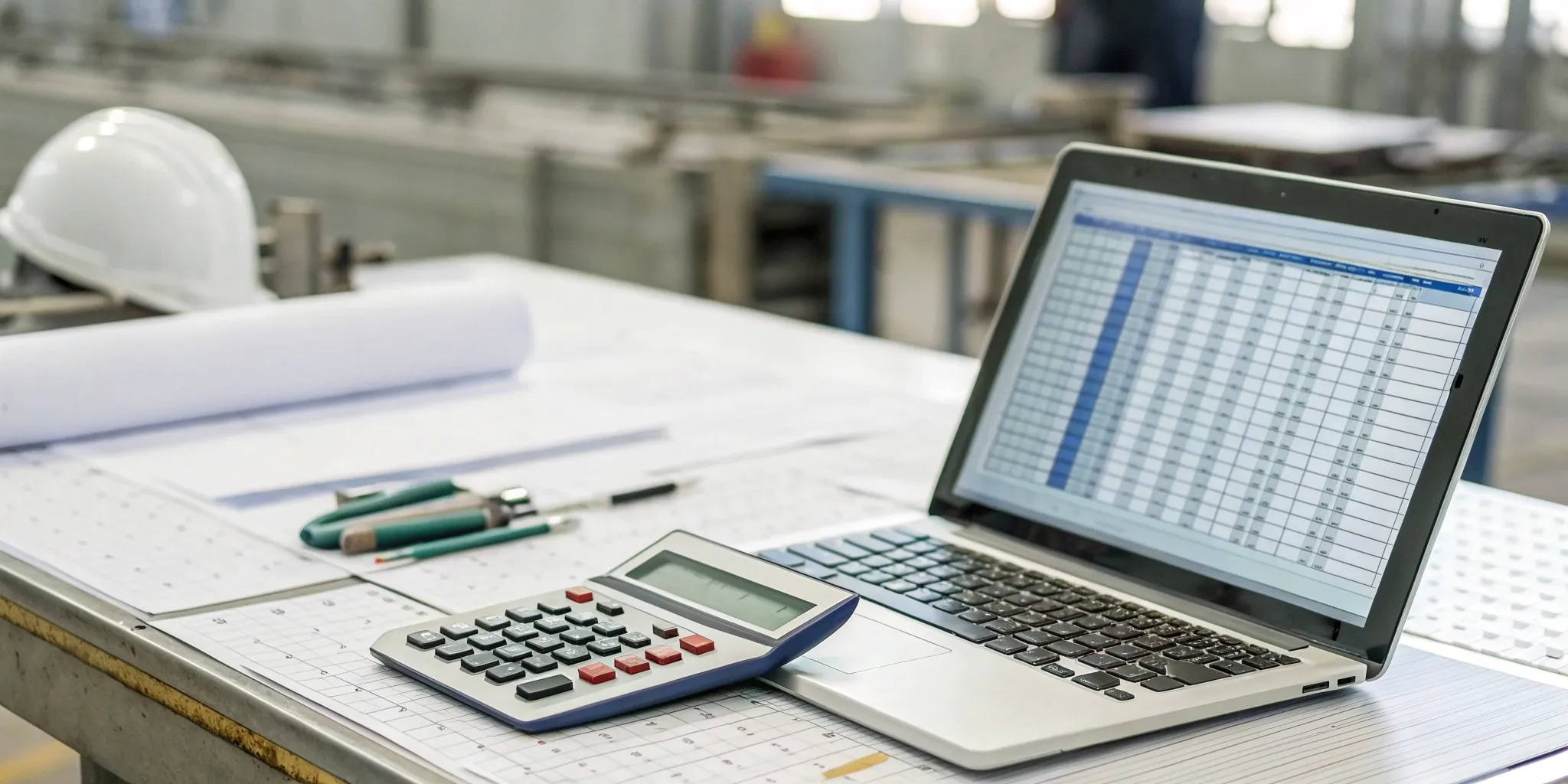 Preparing for a manufacturing cost accounting audit with a spreadsheet and calculator.
