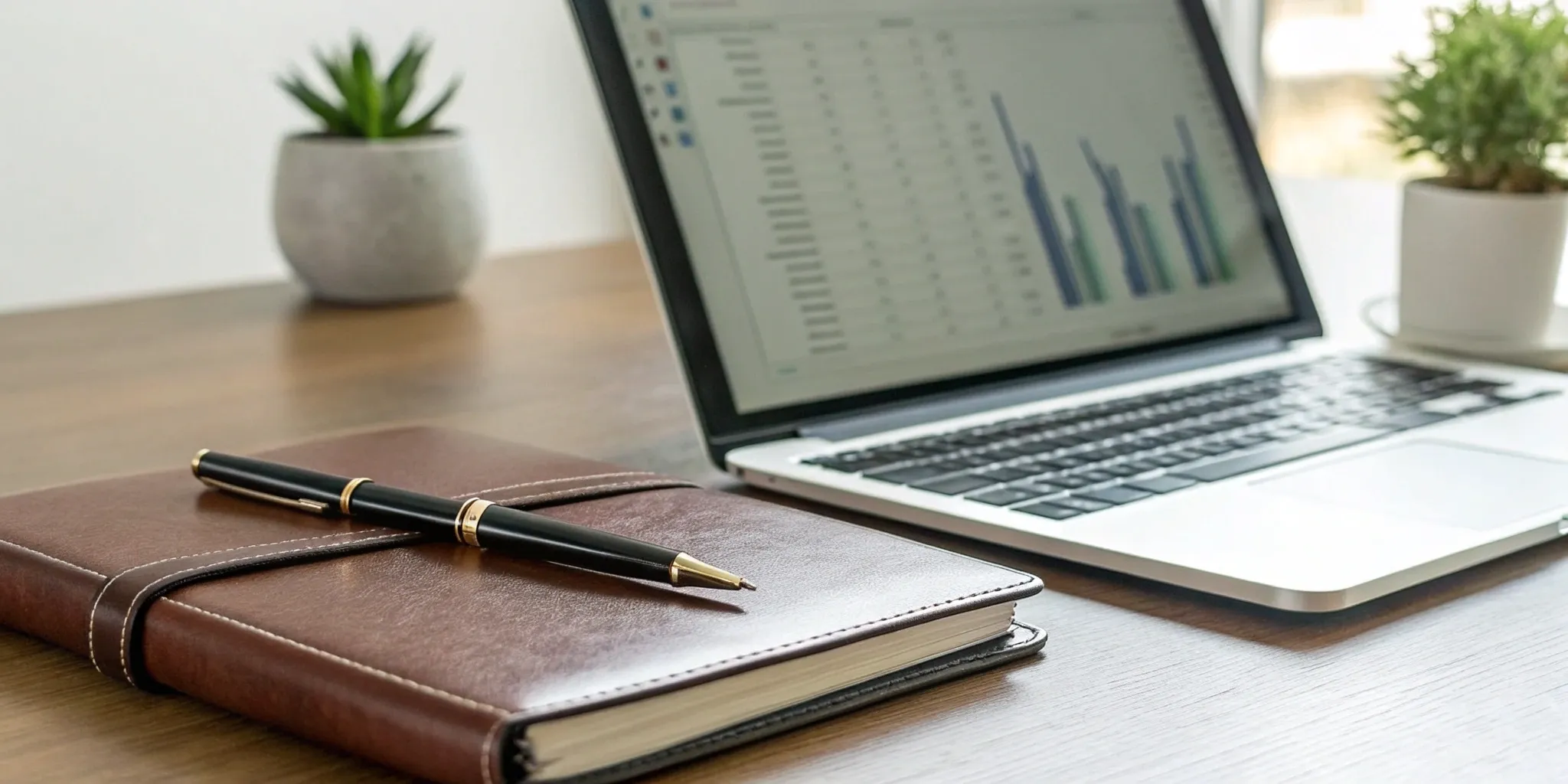 A laptop with financial charts and a notebook, key tools when you hire a corporate tax planner.