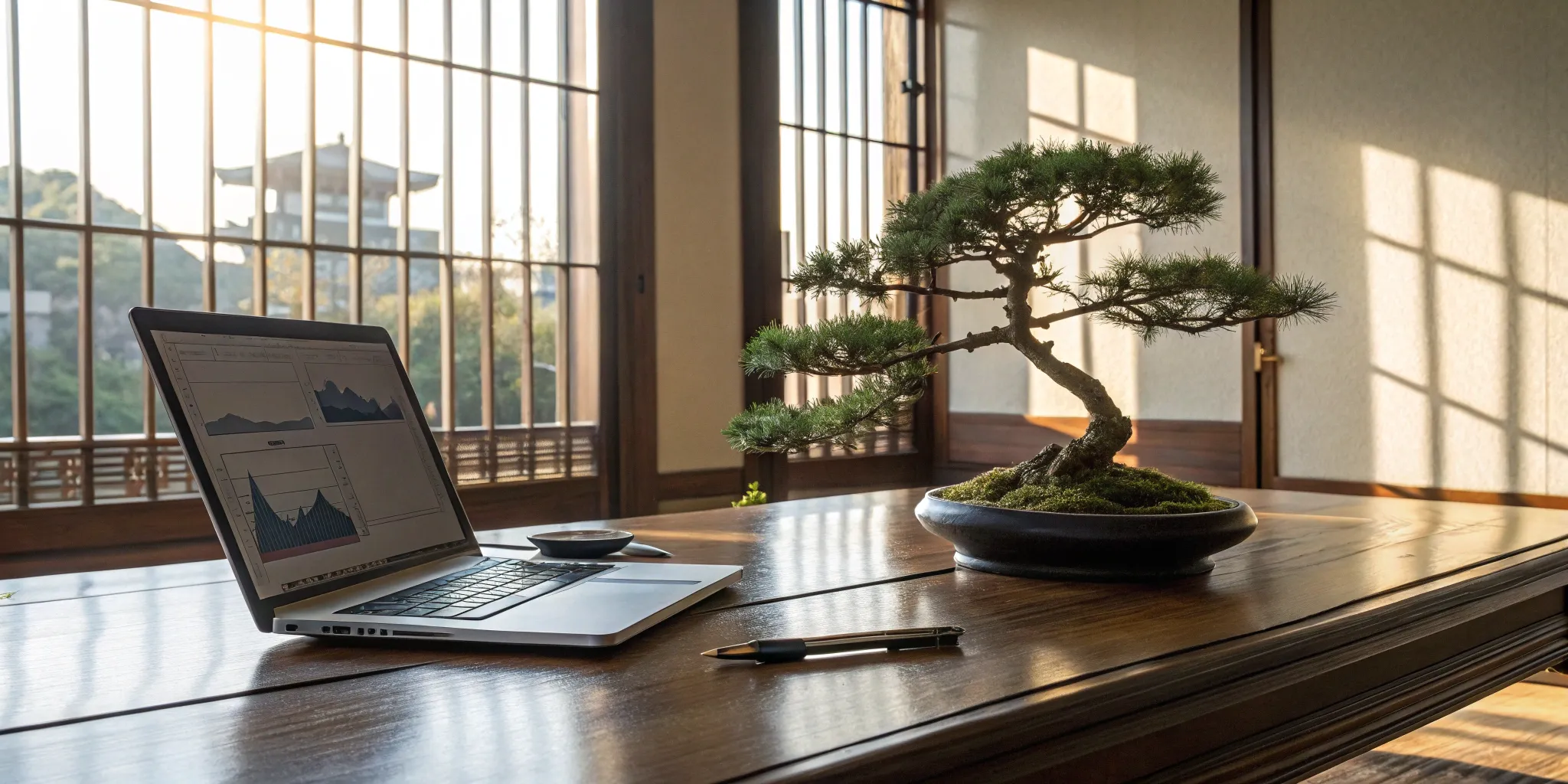 Laptop with financial charts in a Japanese office for a PCAOB audit by a Japanese-speaking accountant.