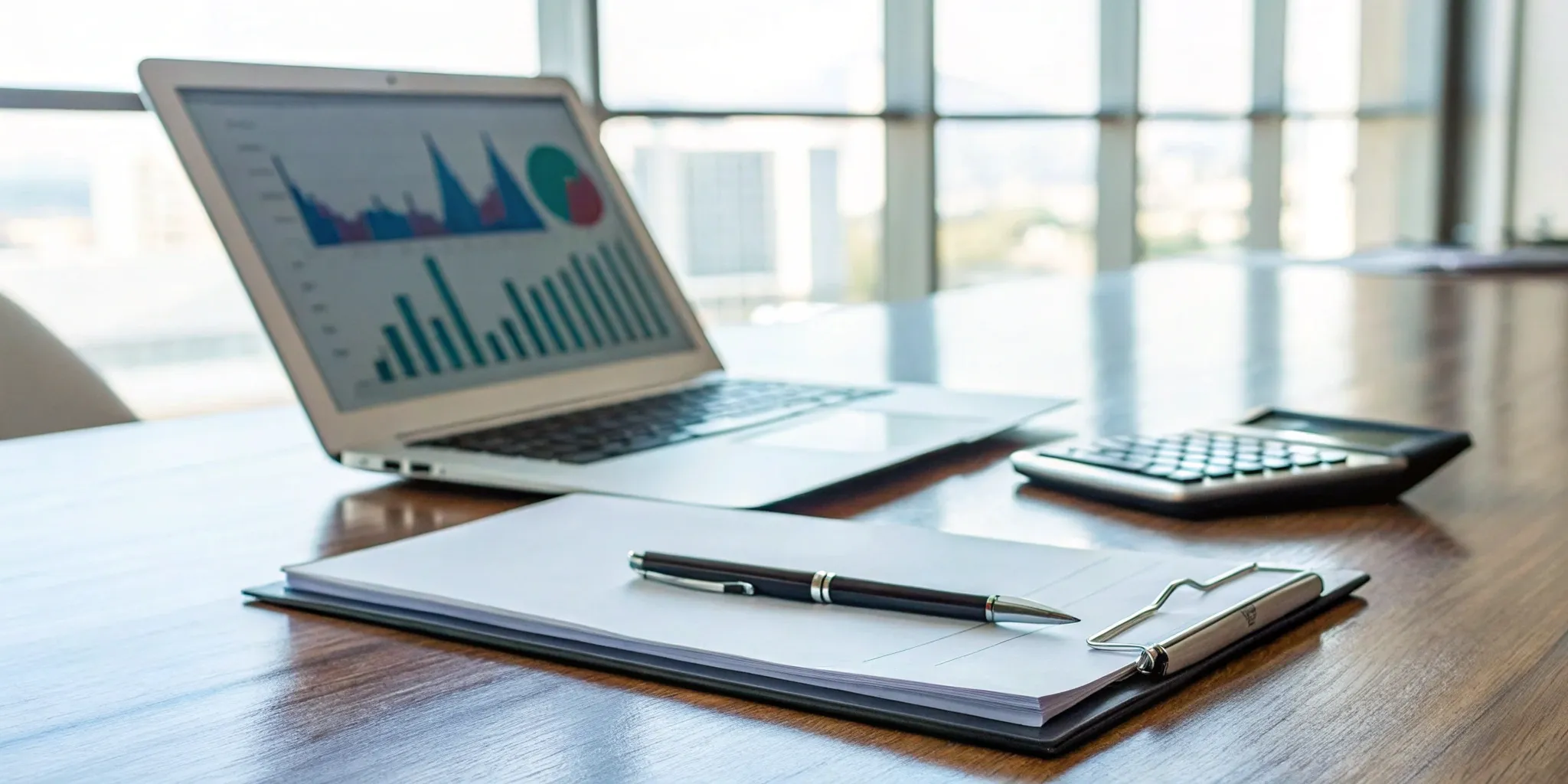 A desk with a laptop showing financial charts, used by a business owner to hire a tax expert.
