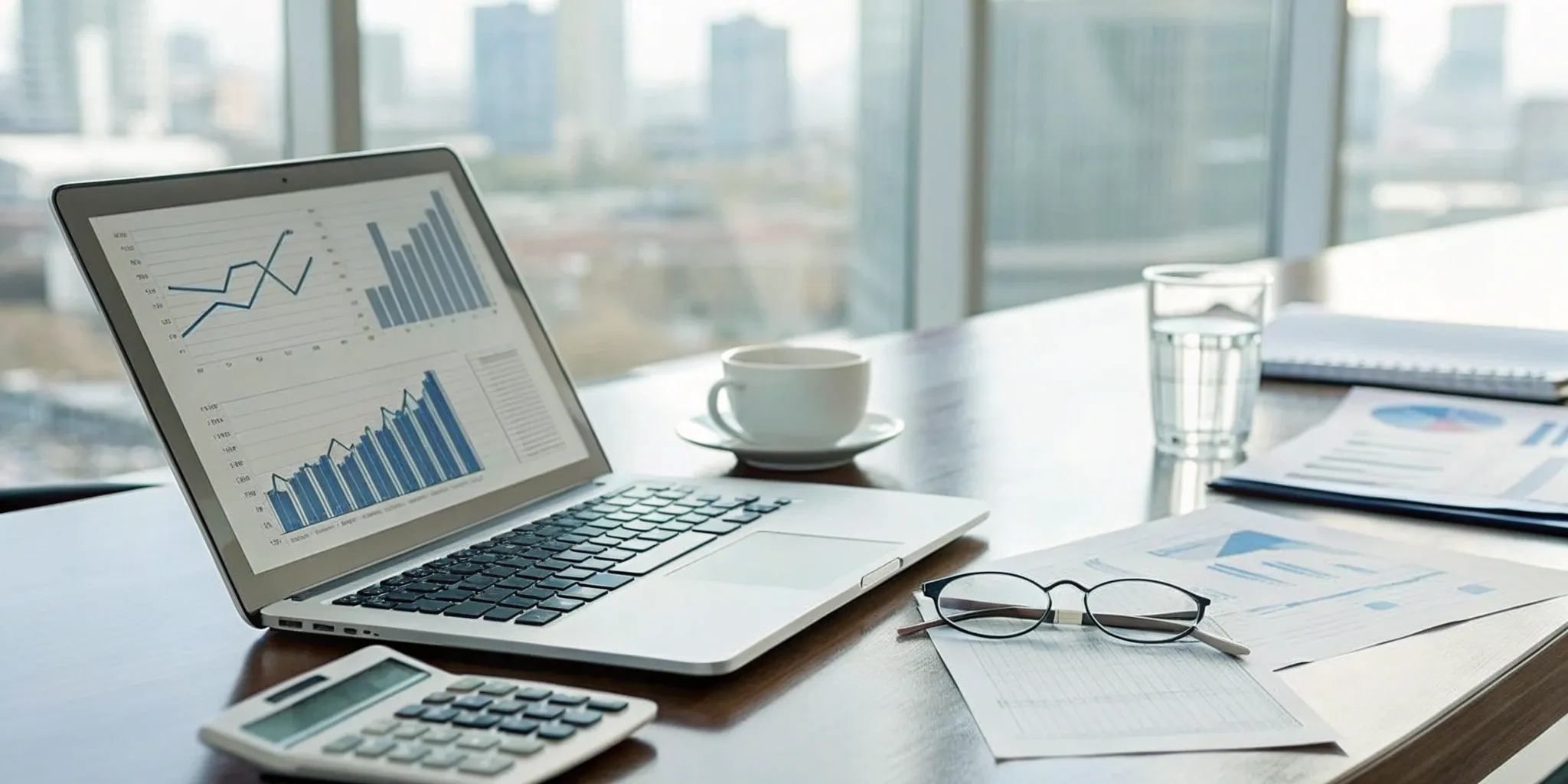 An accounting and auditing regulator's desk with financial charts, documents, and a calculator.