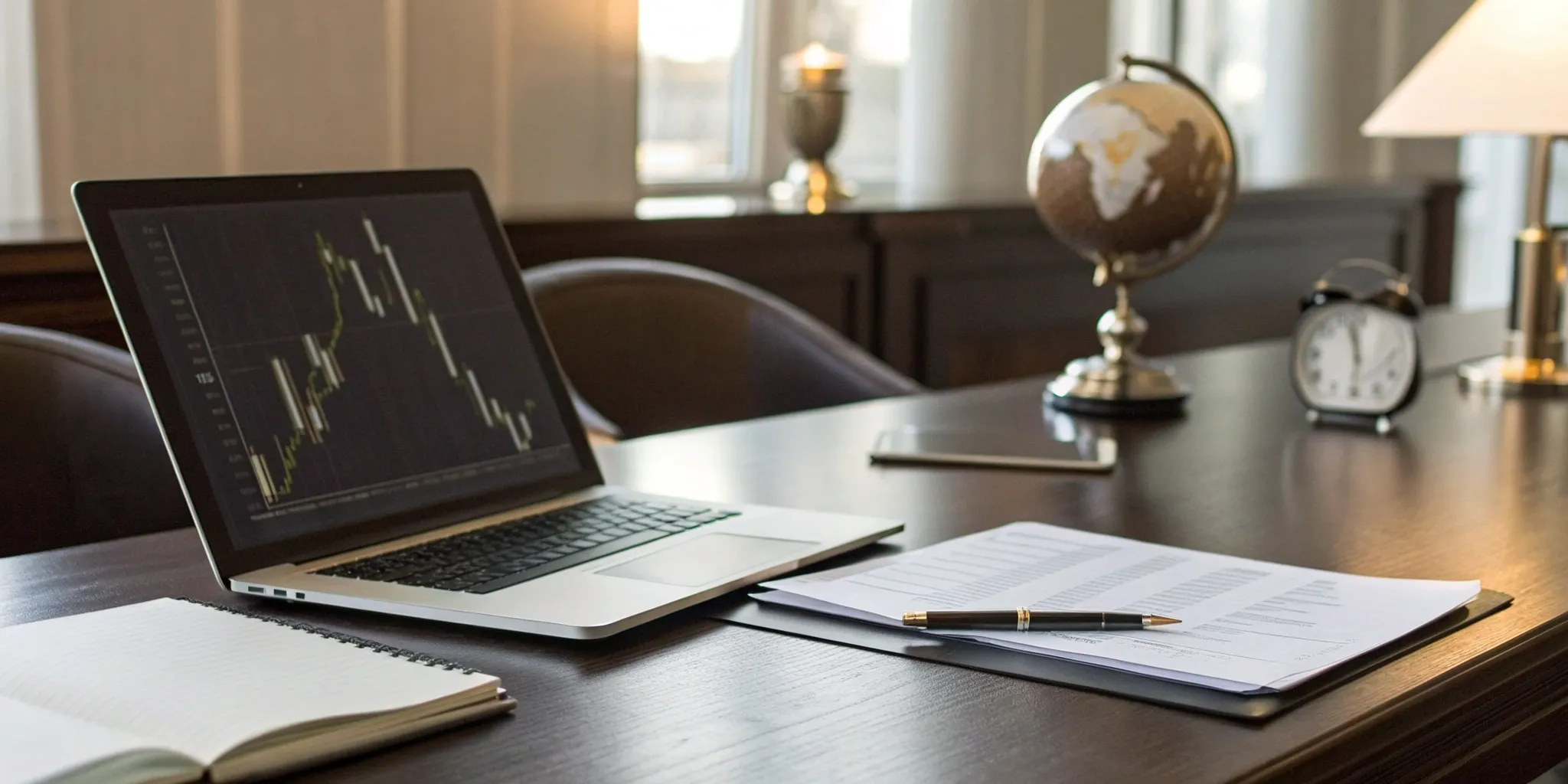 A laptop on a modern desk analyzing financial data for corporate accounting advisory.