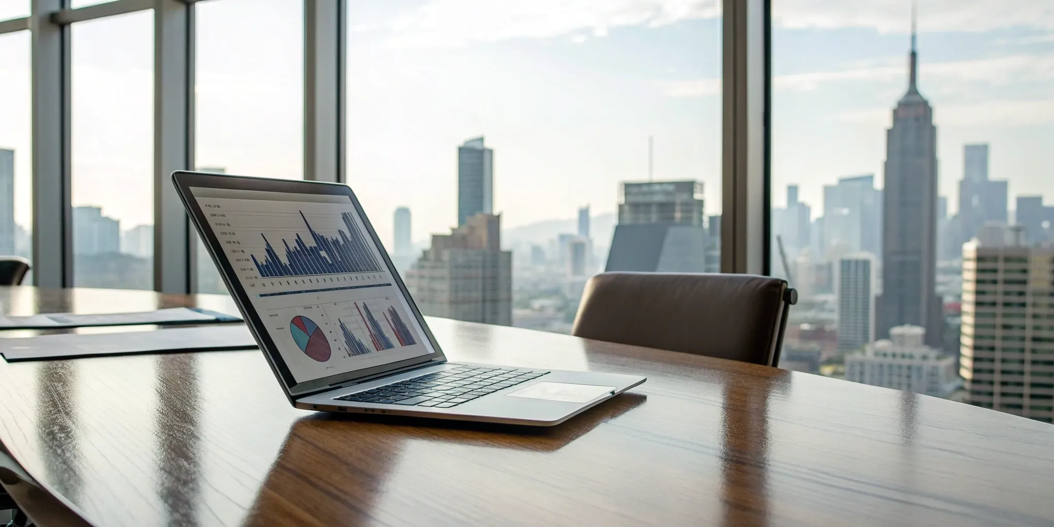 Reviewing financial charts on a laptop to determine if a PCAOB audit is required.