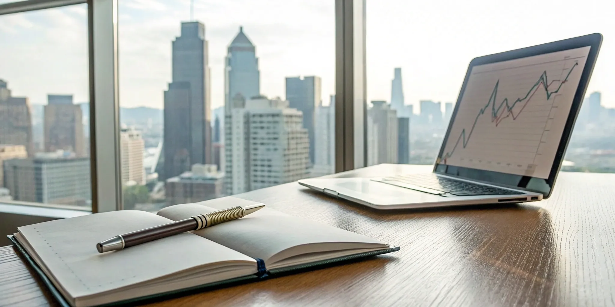 Open notebook and laptop with financial graphs for corporate tax planning and management.