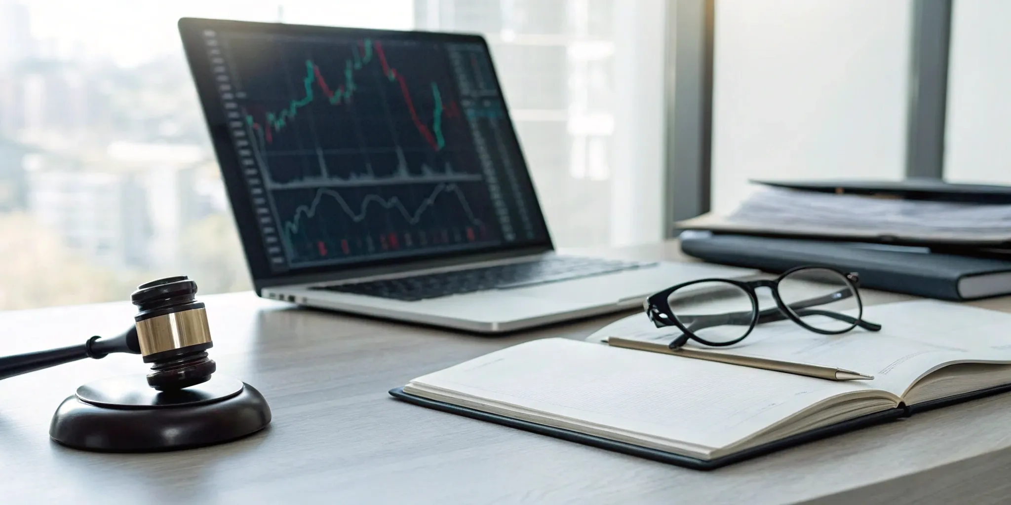 A gavel on a business desk with financial charts showing the high cost and penalties of non-compliance.