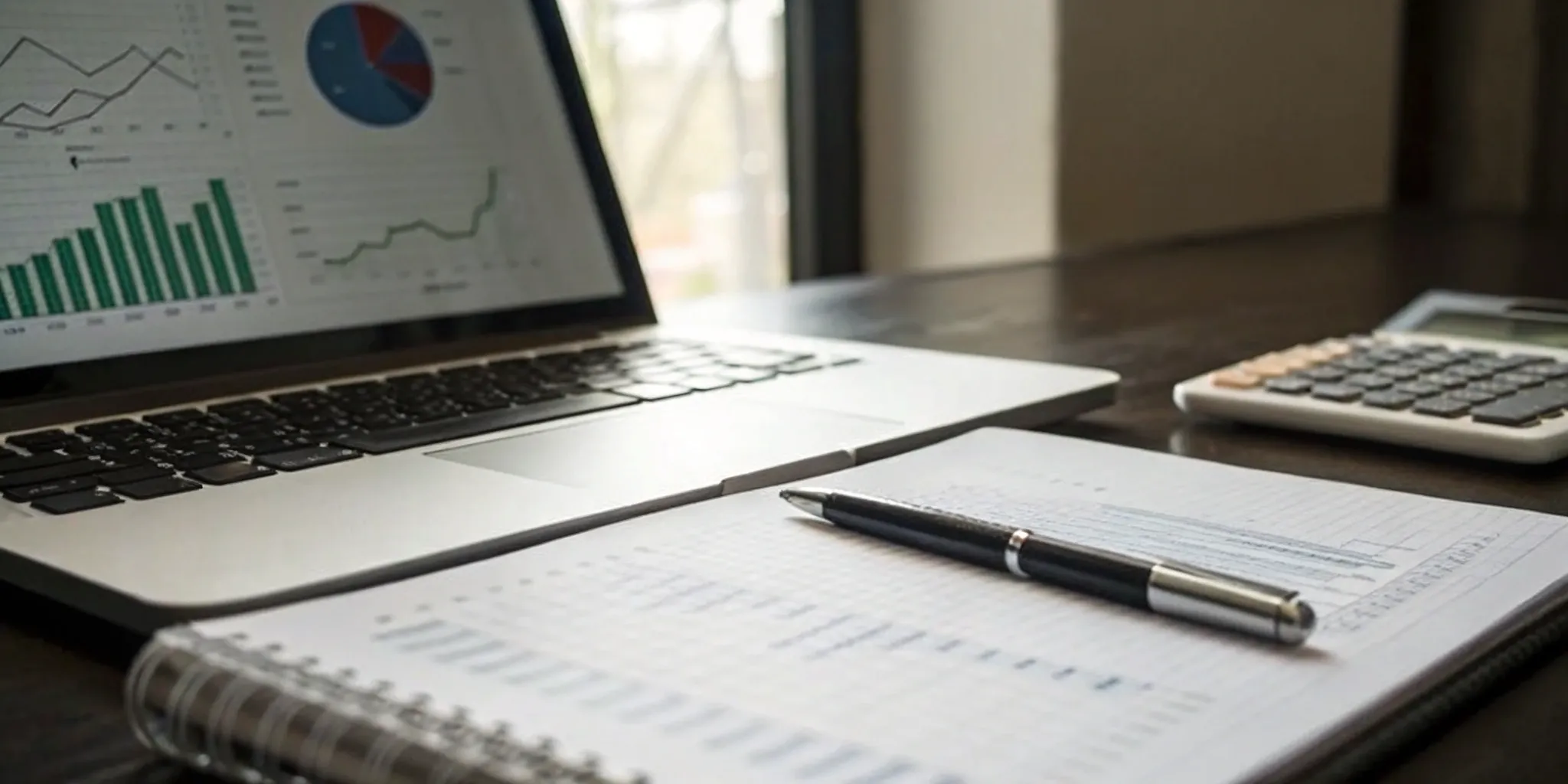Calculating how much an IPO audit costs with a laptop, financial documents, and a calculator.