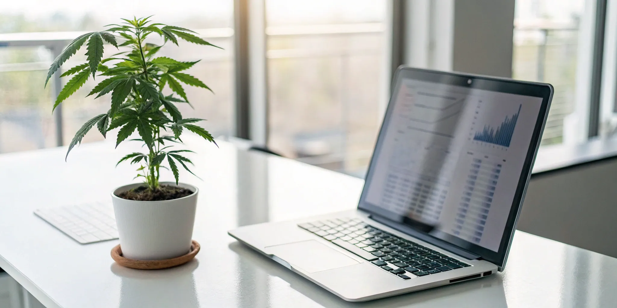 A cannabis plant and laptop with financial charts for a dispensary owner looking to find a CPA.