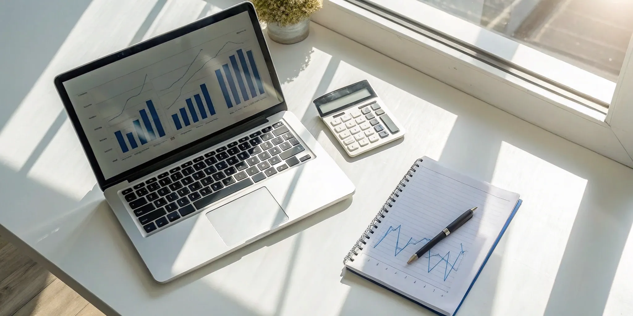 A laptop, calculator, and notepad used to prepare a franchise amortization journal entry.