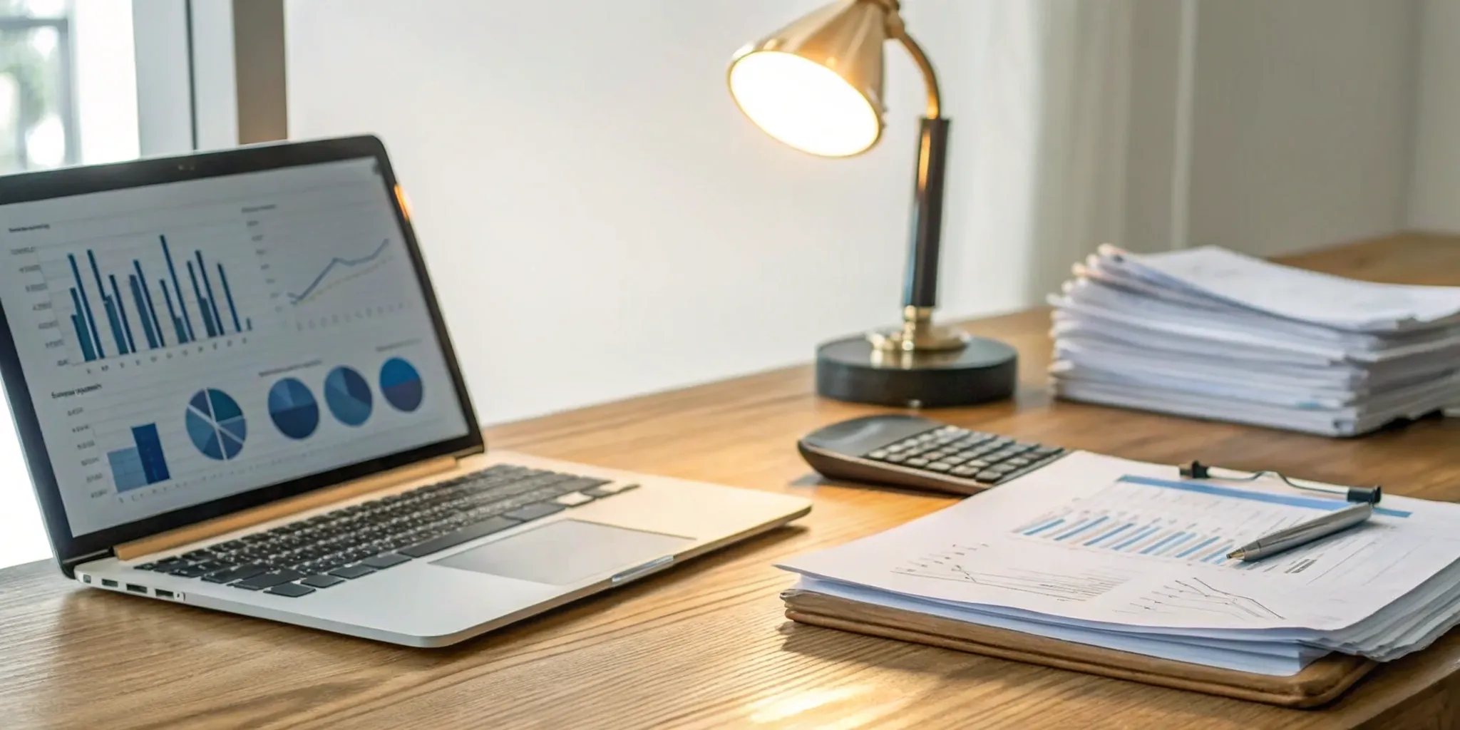 A desk with a laptop, calculator, and documents for reviewing manufacturing accounting examples.