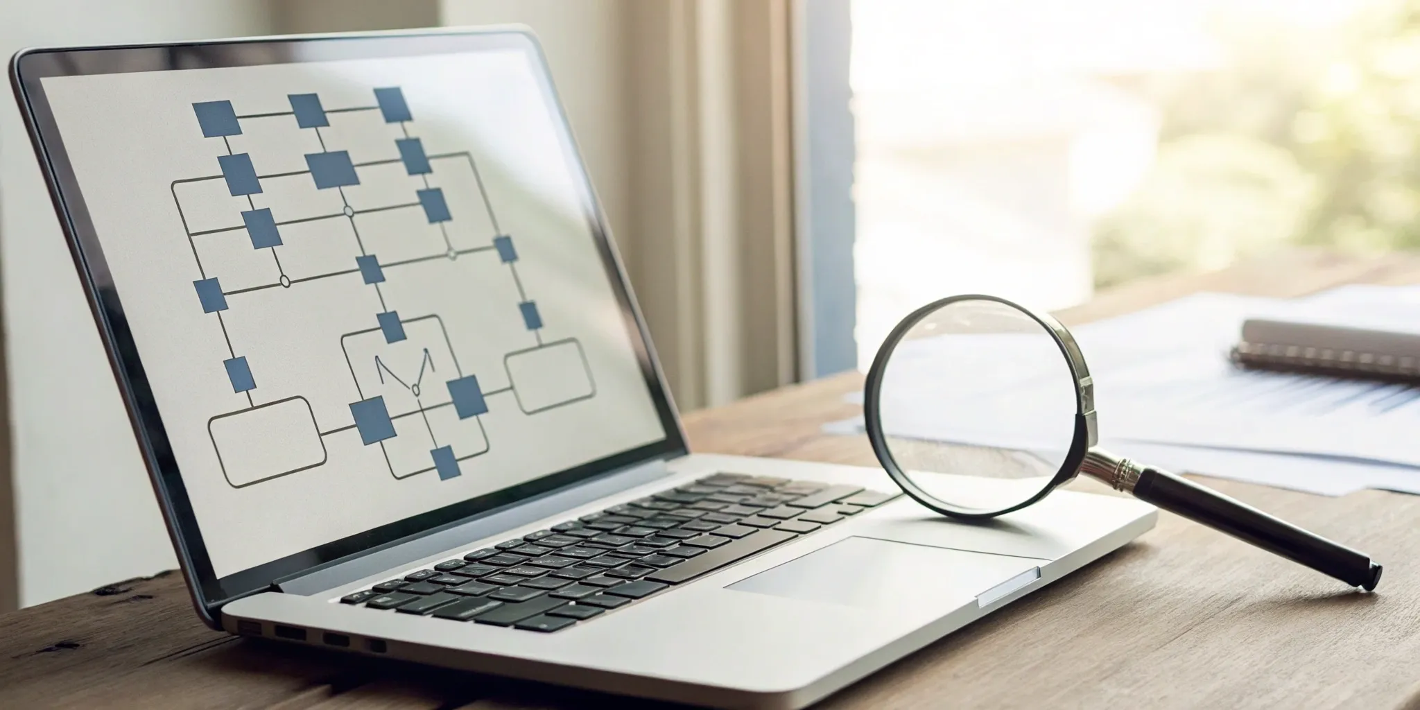 Laptop with a flowchart and magnifying glass comparing PCAOB vs. AICPA audit standards.