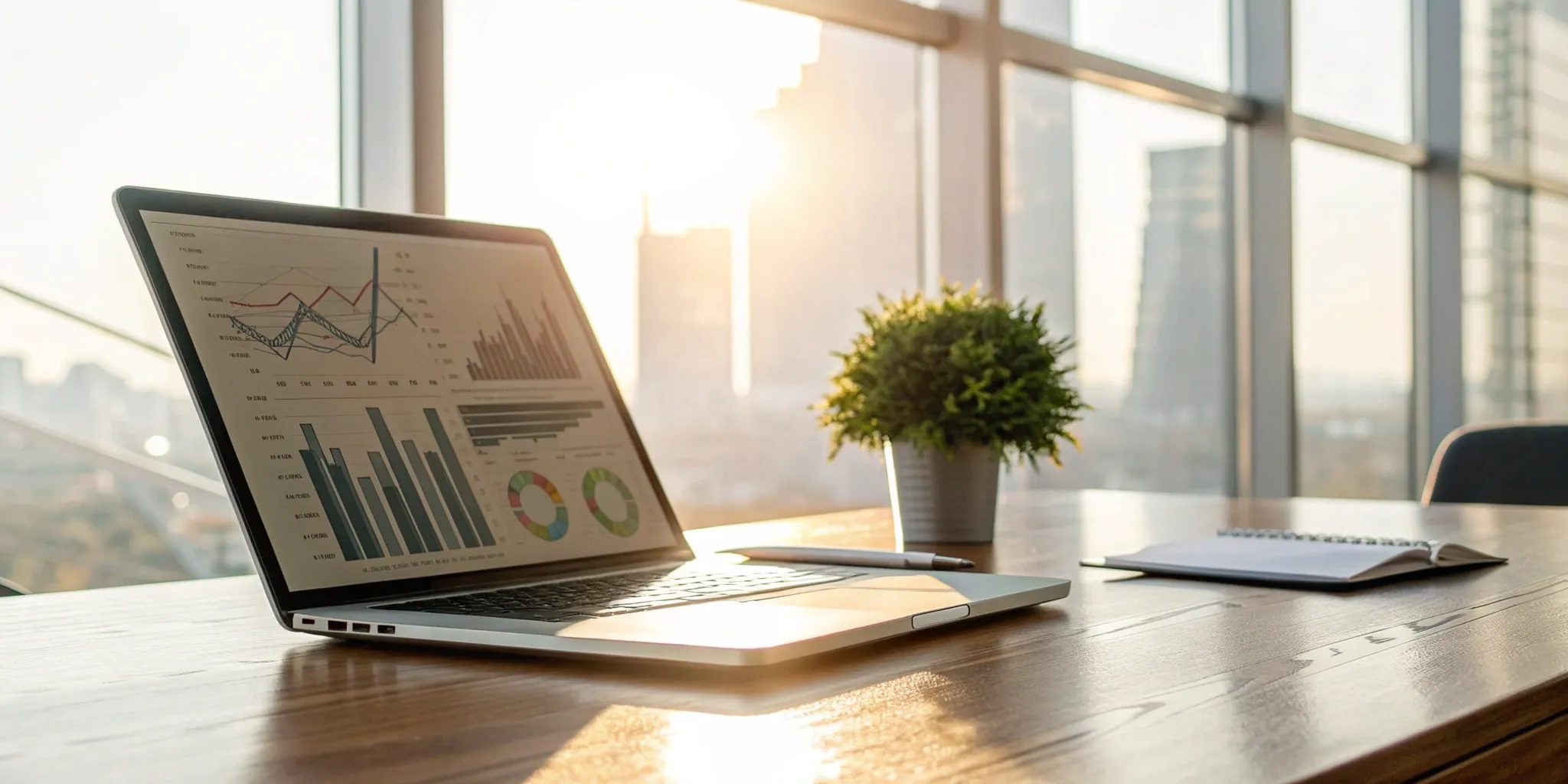 Laptop on an office desk displaying charts for a governance and compliance audit.