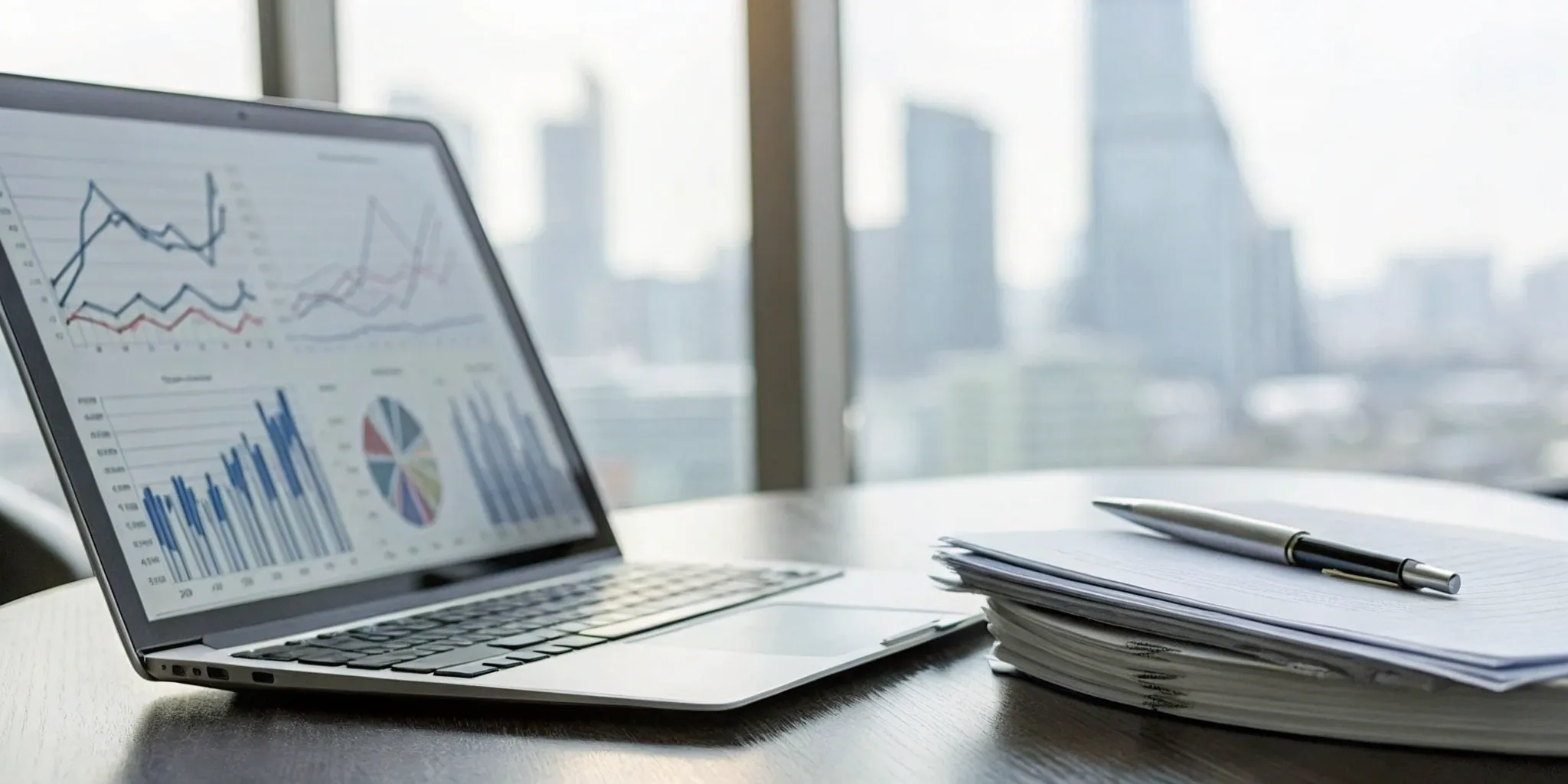 Reviewing charts and documents on a laptop for an internal control assessment.