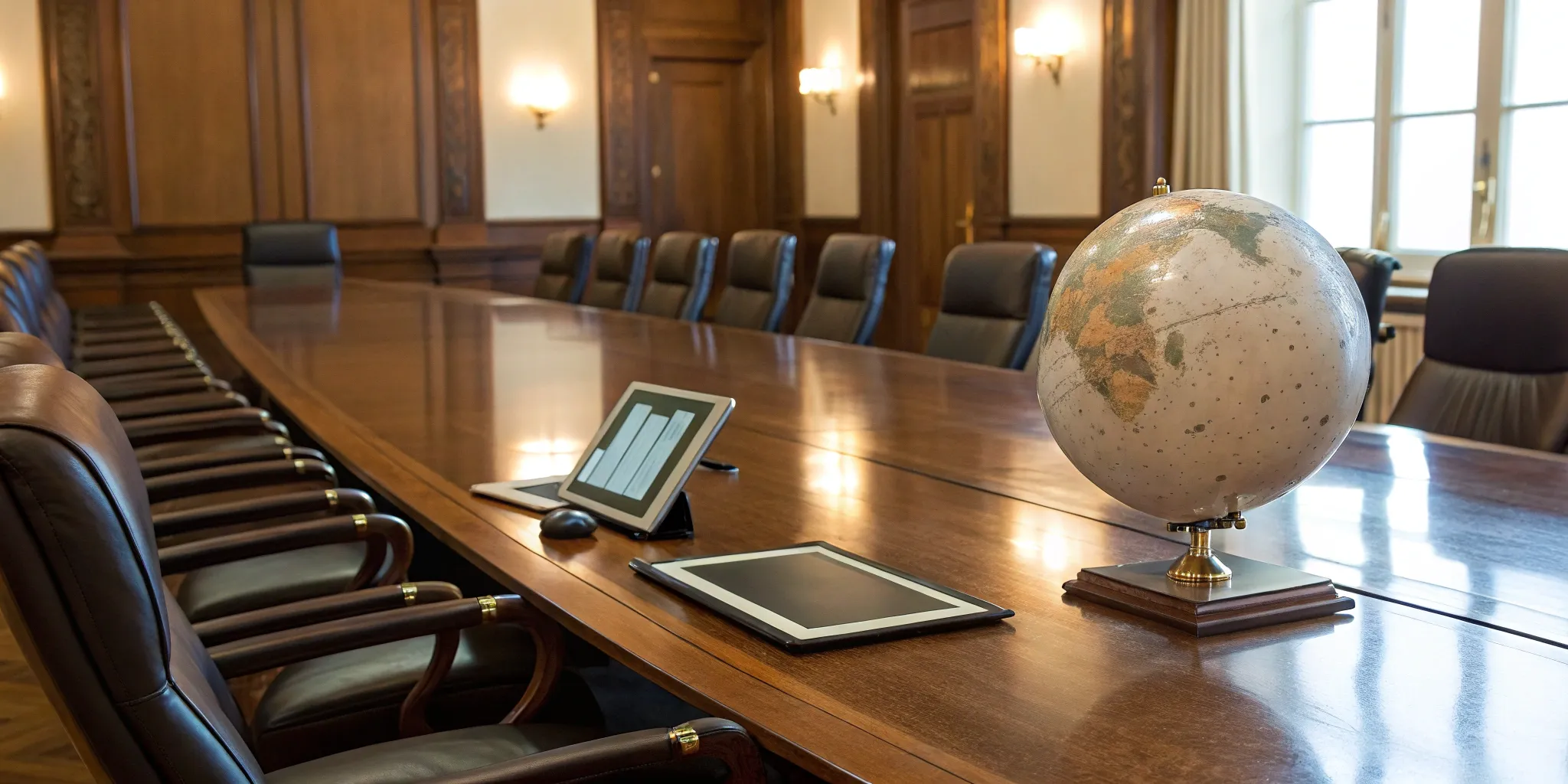 A boardroom table with a globe, set for a strategic meeting on governance, risk, and compliance.