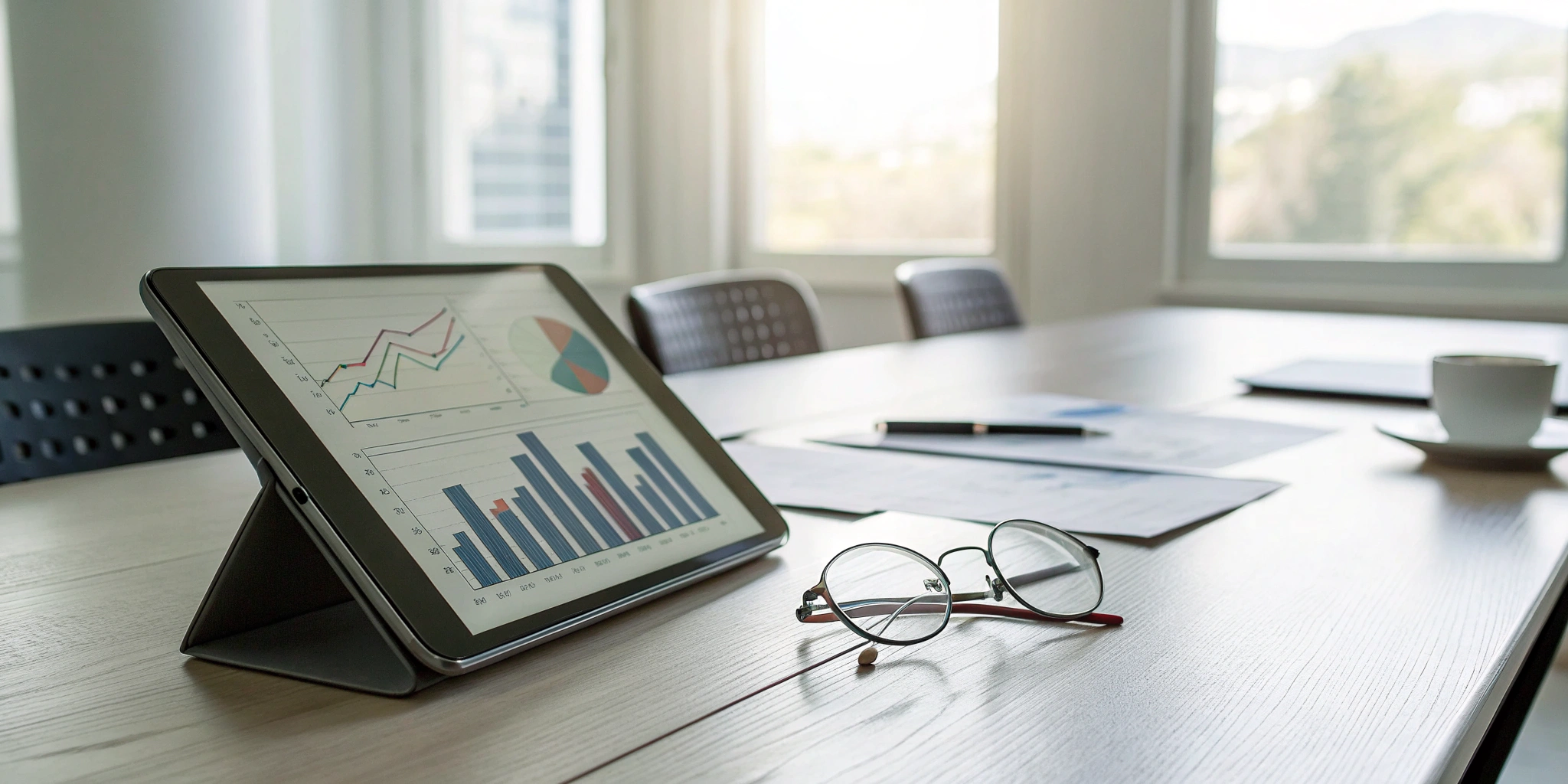 A tablet displaying charts and data for a business performance audit.