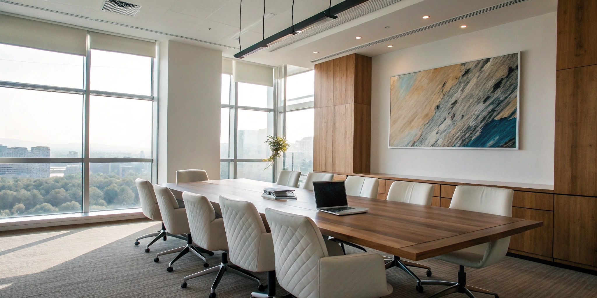 A boardroom set for a non profit organization's audit committee meeting.