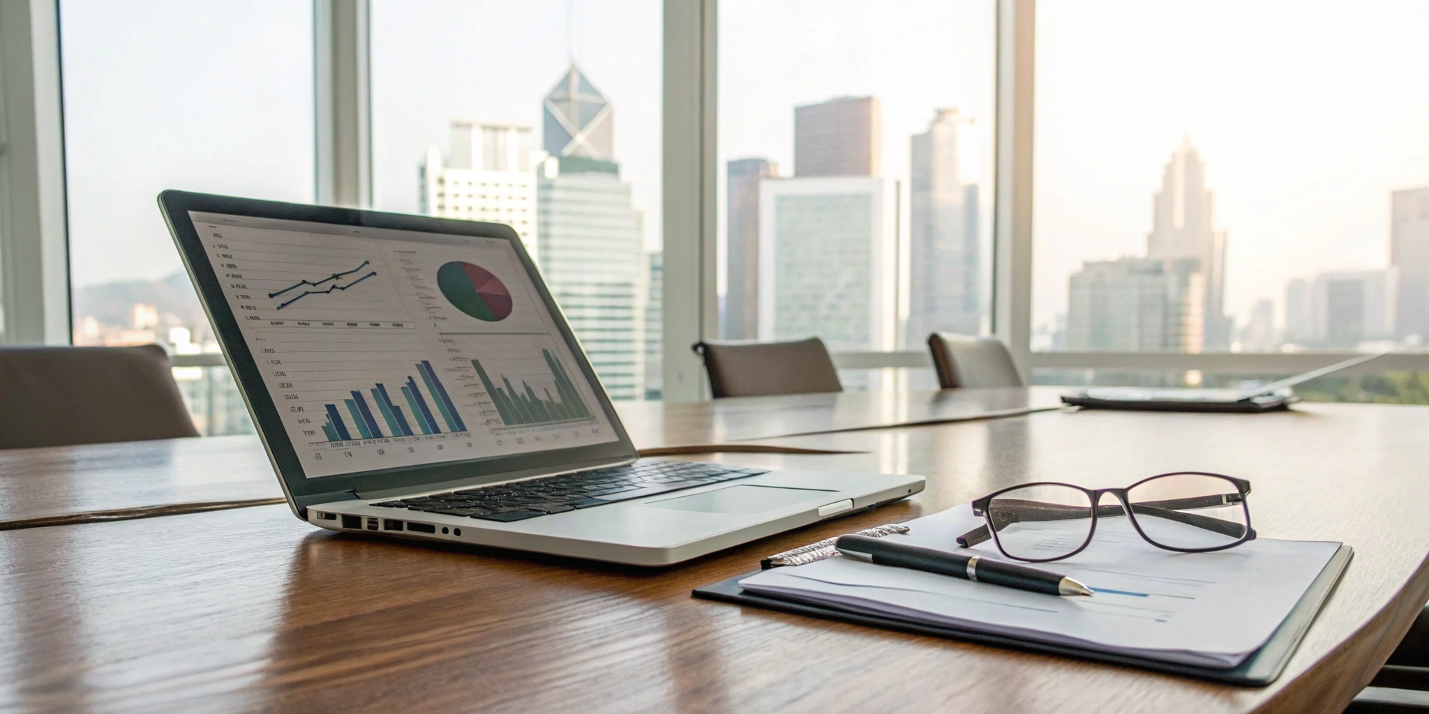 A laptop screen showing a business audit description with financial charts and documents.