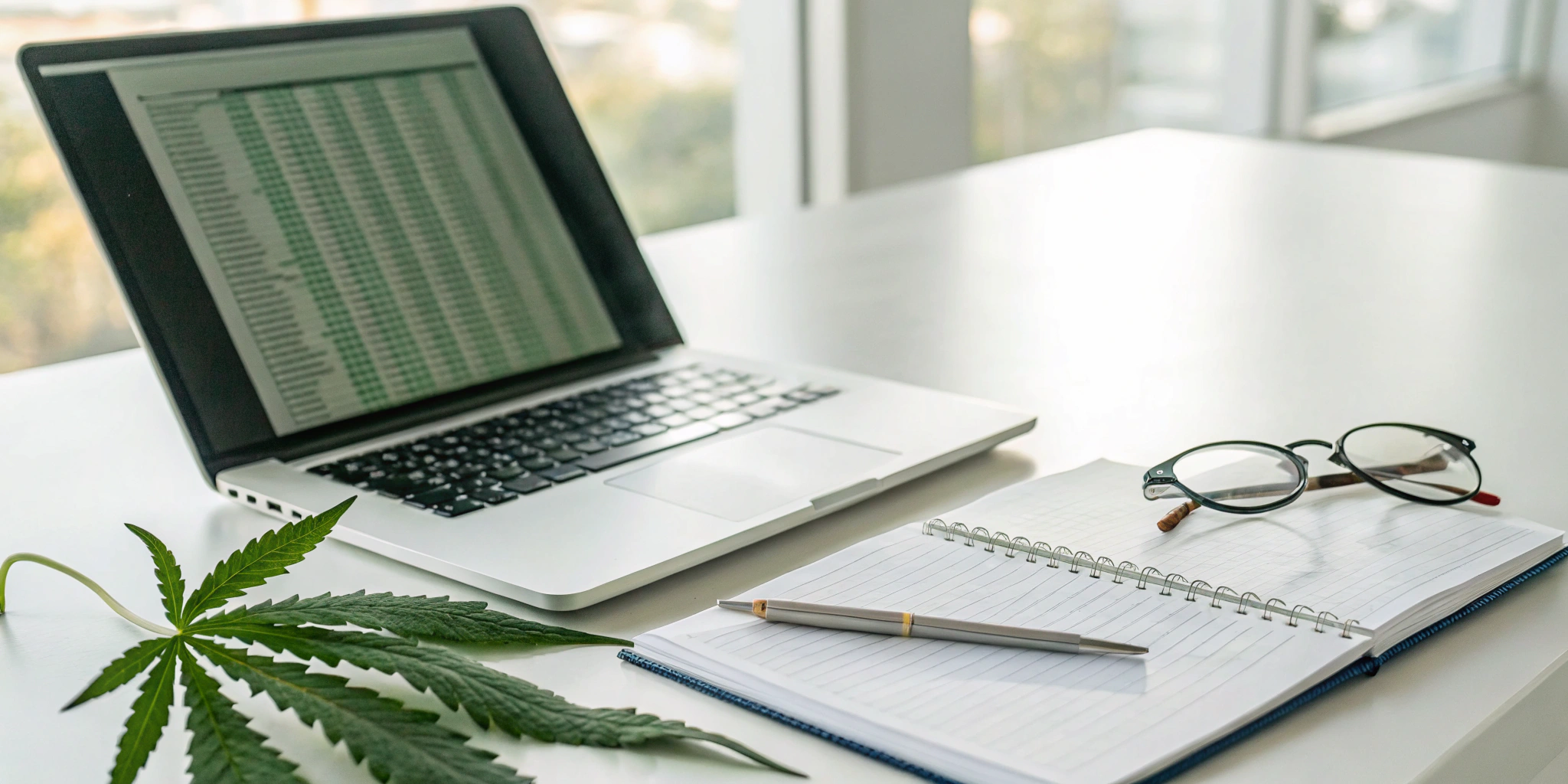 A desk with a laptop spreadsheet and cannabis leaf for professional cannabis audit services.