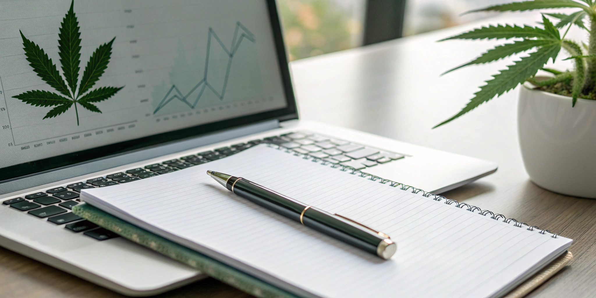 Laptop with cannabis industry charts and notes prepared for a cannabis company audit.