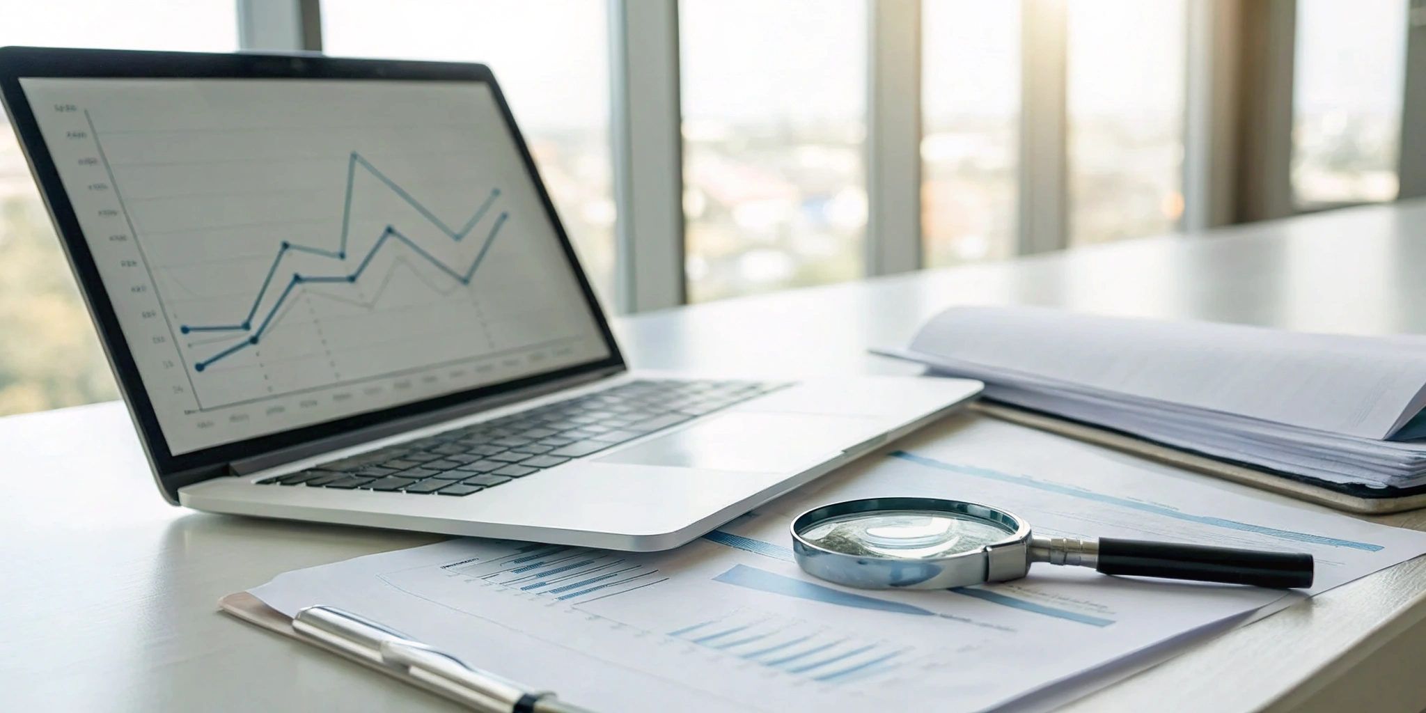 Laptop showing audit charts and documents on a desk for an IT audit vs internal audit analysis.