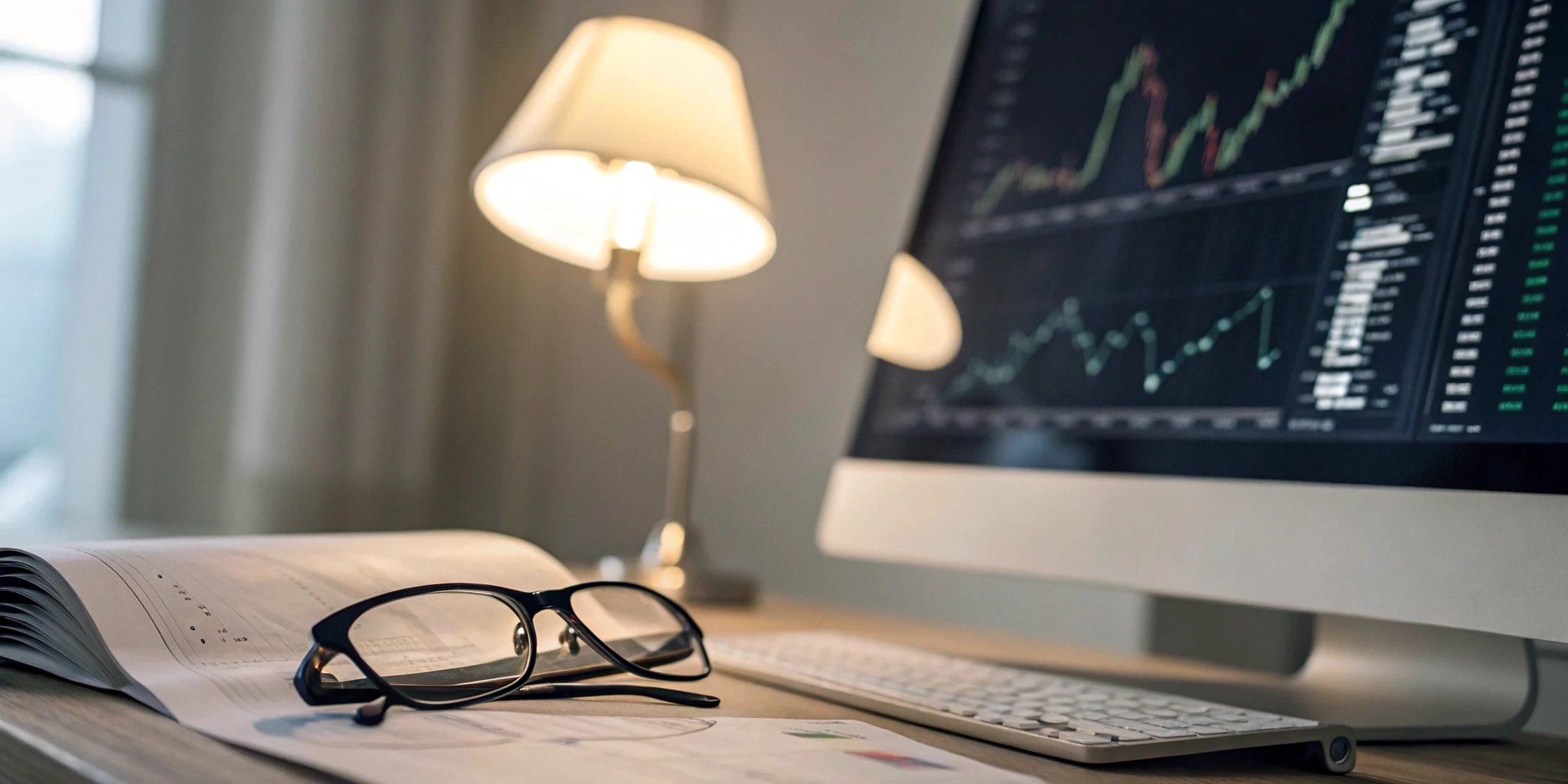 Desk with a computer showing financial charts and a SOX compliance audit checklist.