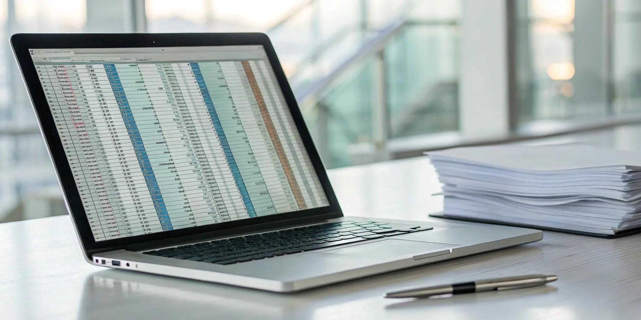 Laptop with a spreadsheet for business tax compliance requirements and documents on a desk.