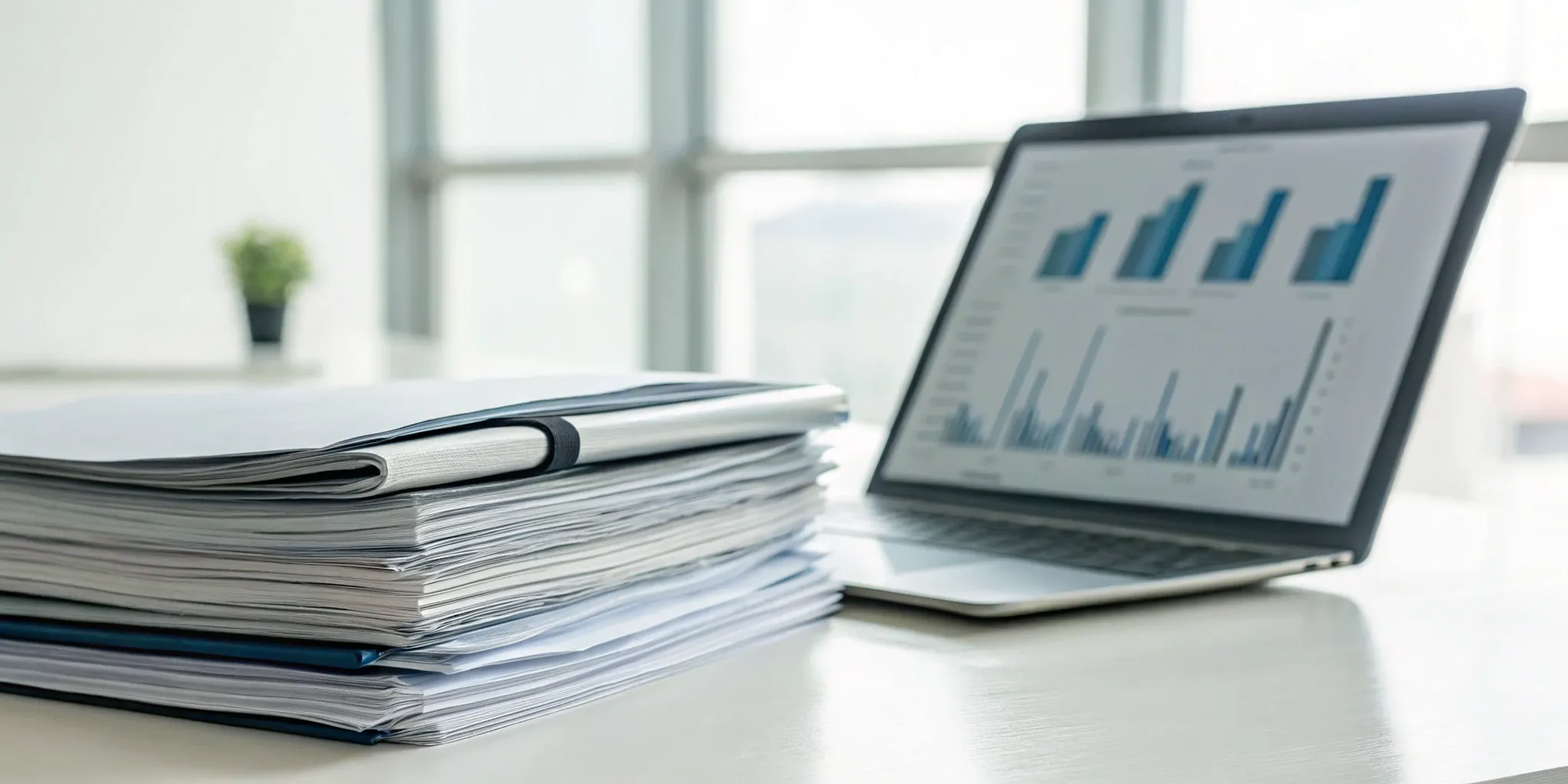 Laptop with charts and data from an internal control audit firm next to documents.