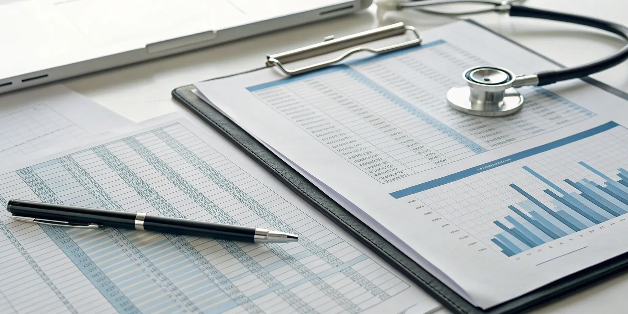 Stethoscope on financial statement audit documents for a healthcare provider.