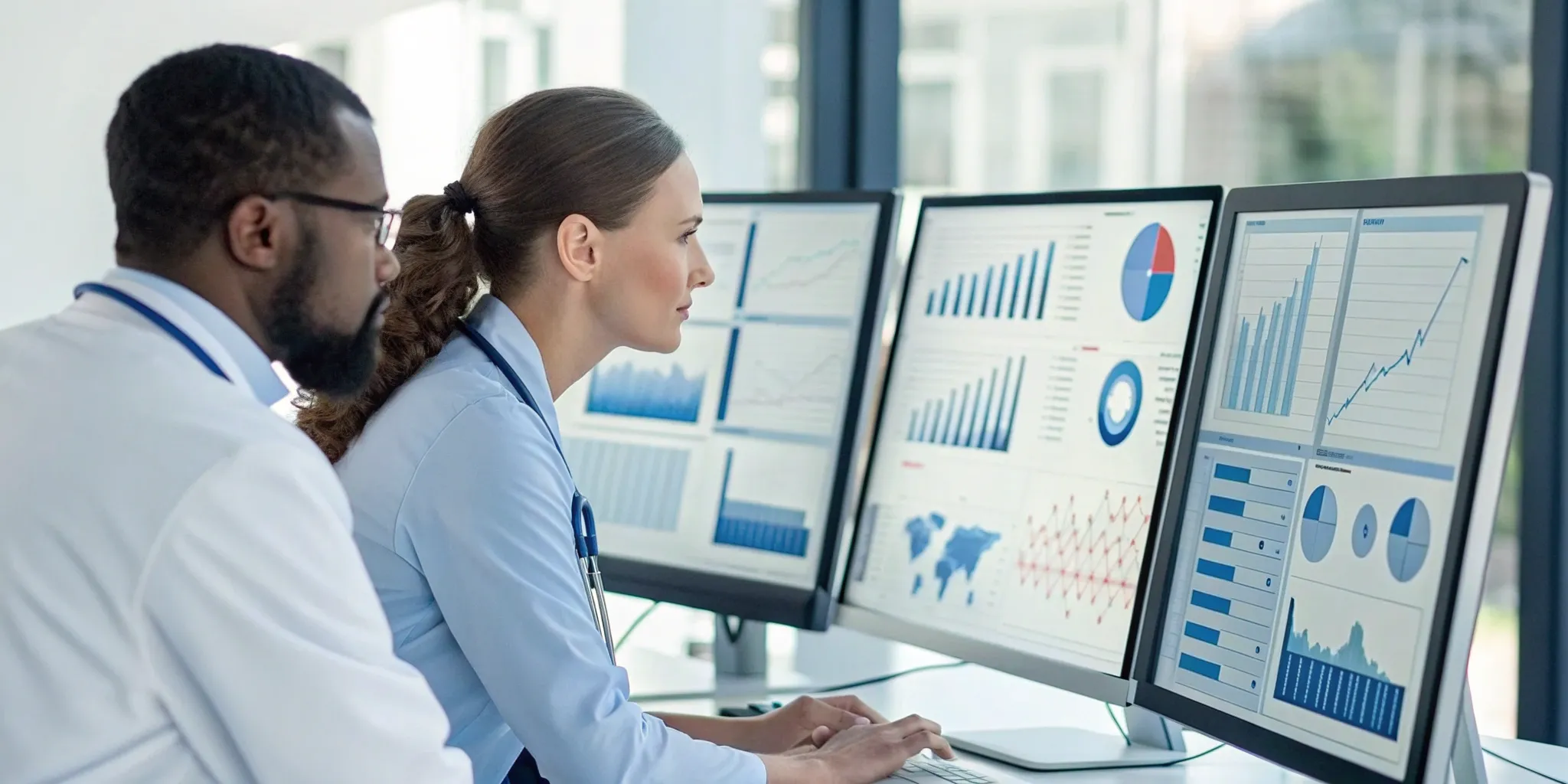 Healthcare audit services team reviewing compliance data on computer screens.