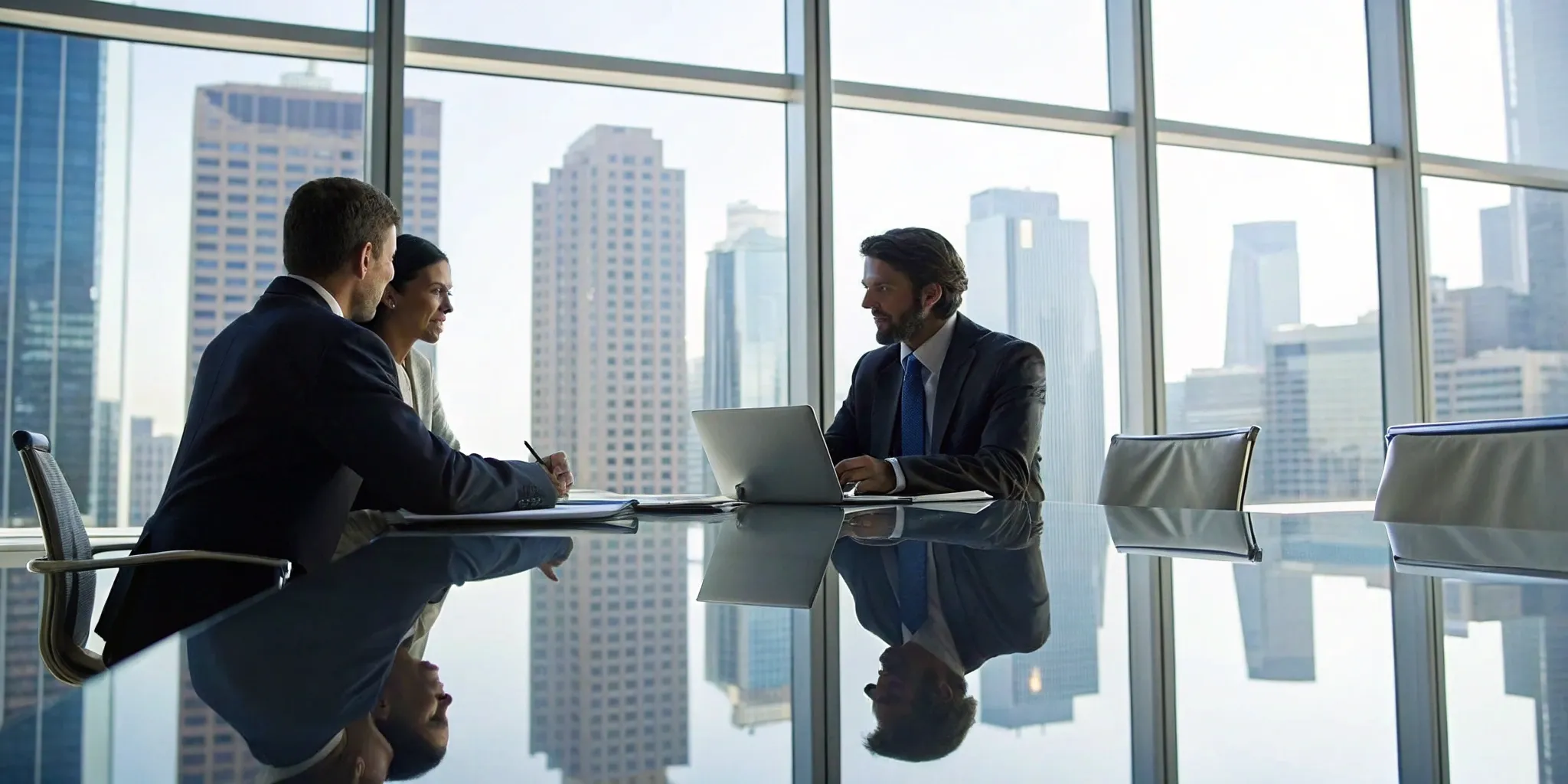Business professionals meeting to hire an audit firm for going public.