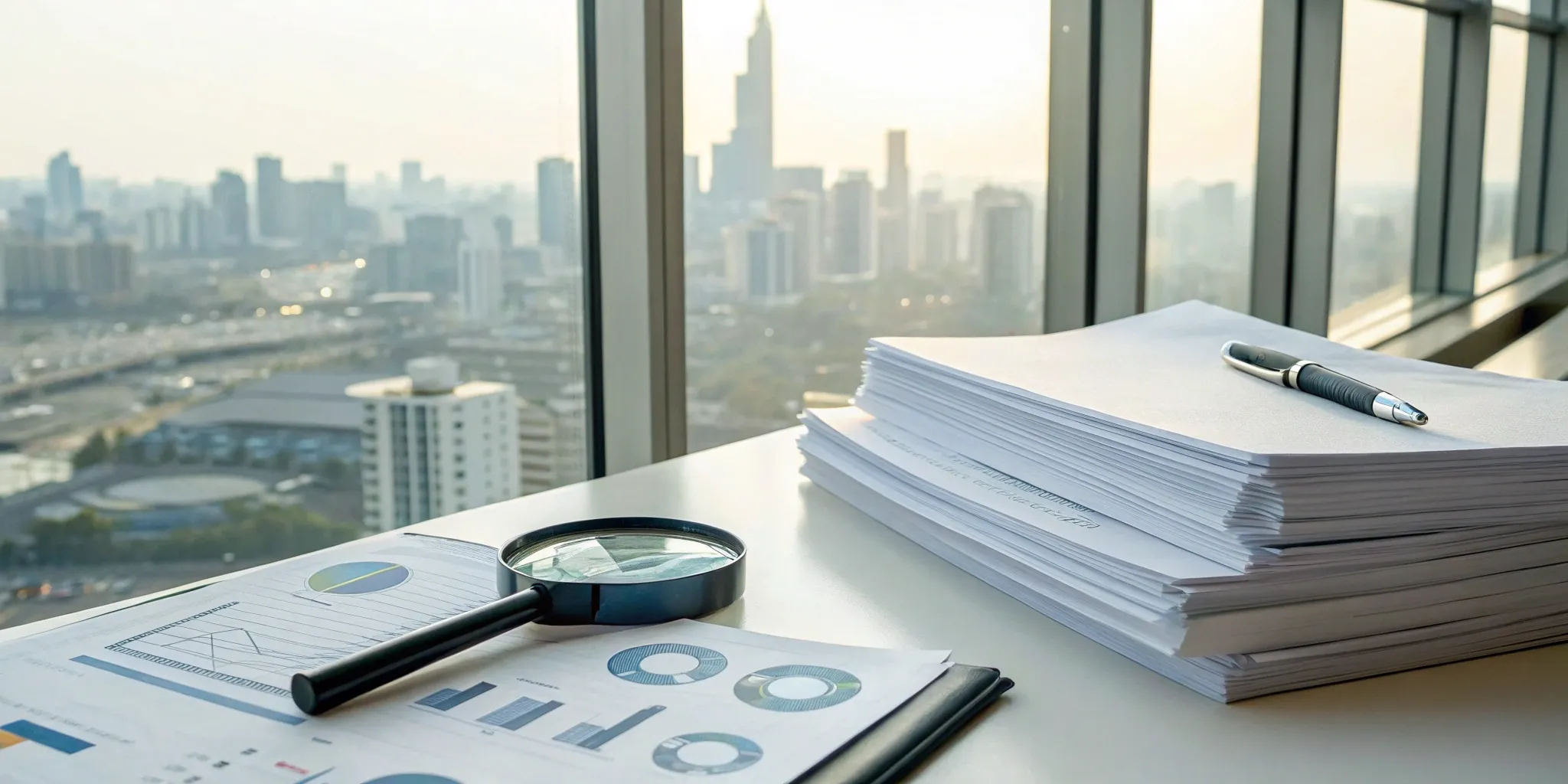 A magnifying glass comparing internal audit vs compliance reports on a desk with charts.
