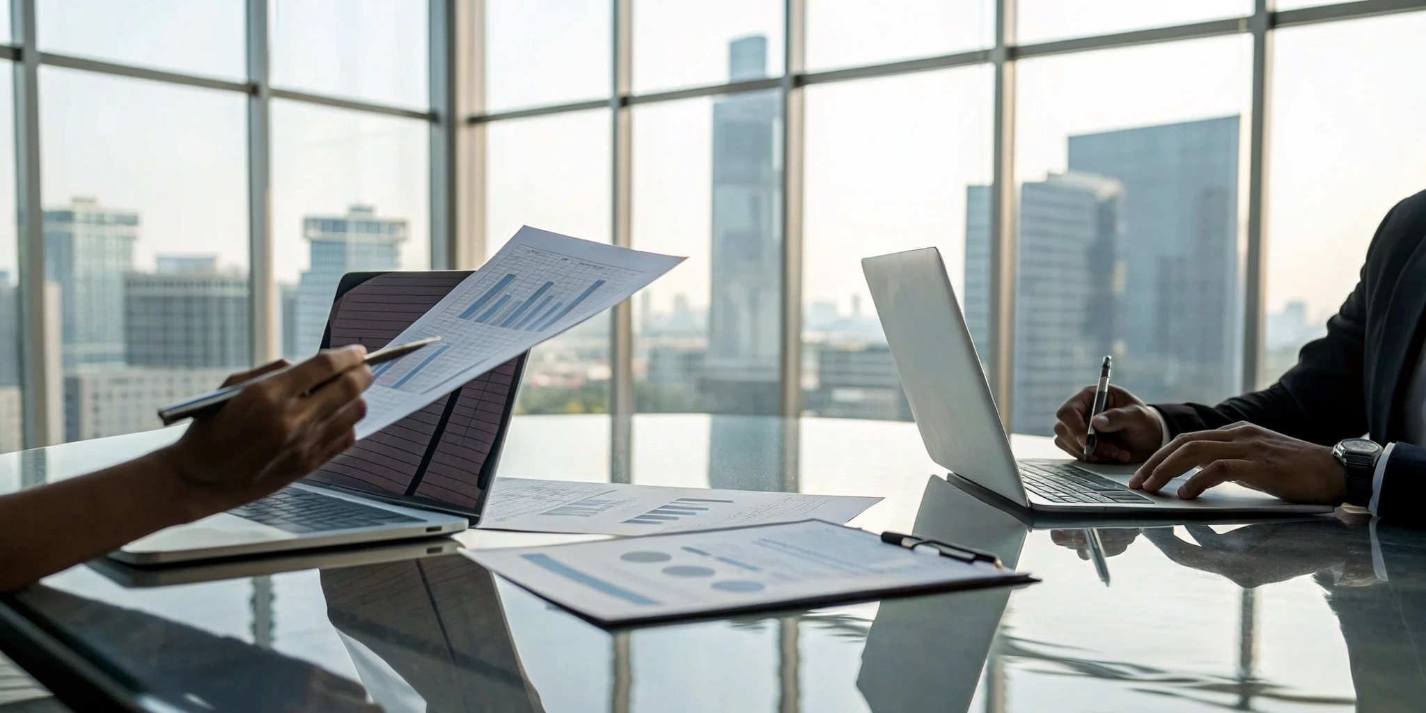 Auditors performing public company audit services and reviewing financial statements on laptops.