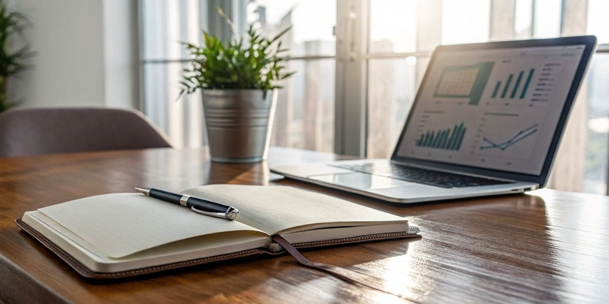 Laptop displaying financial charts and a notebook on a desk for a public company audit.