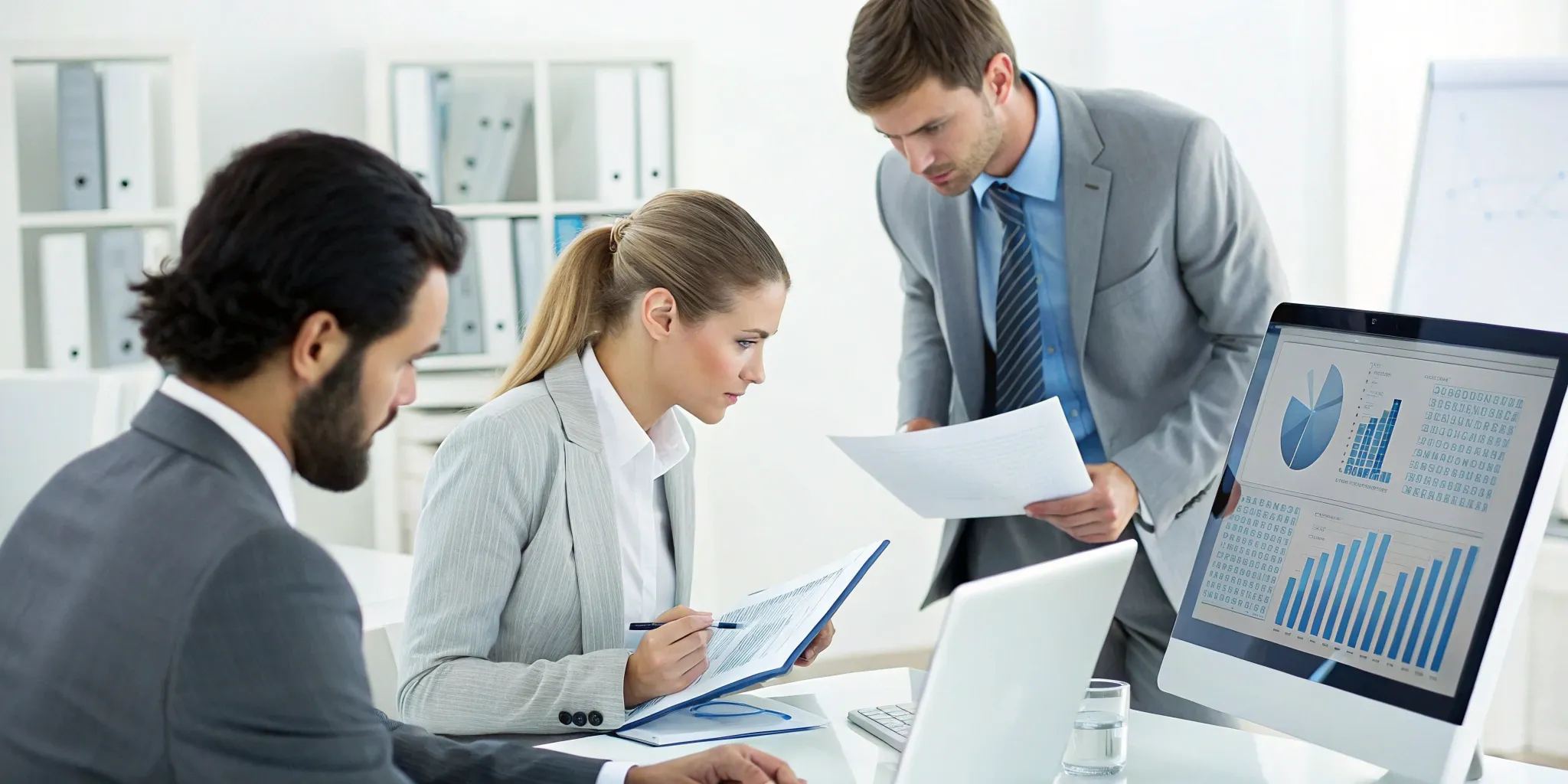 Revenue audit contractors analyzing a practice's financial claims on a computer.