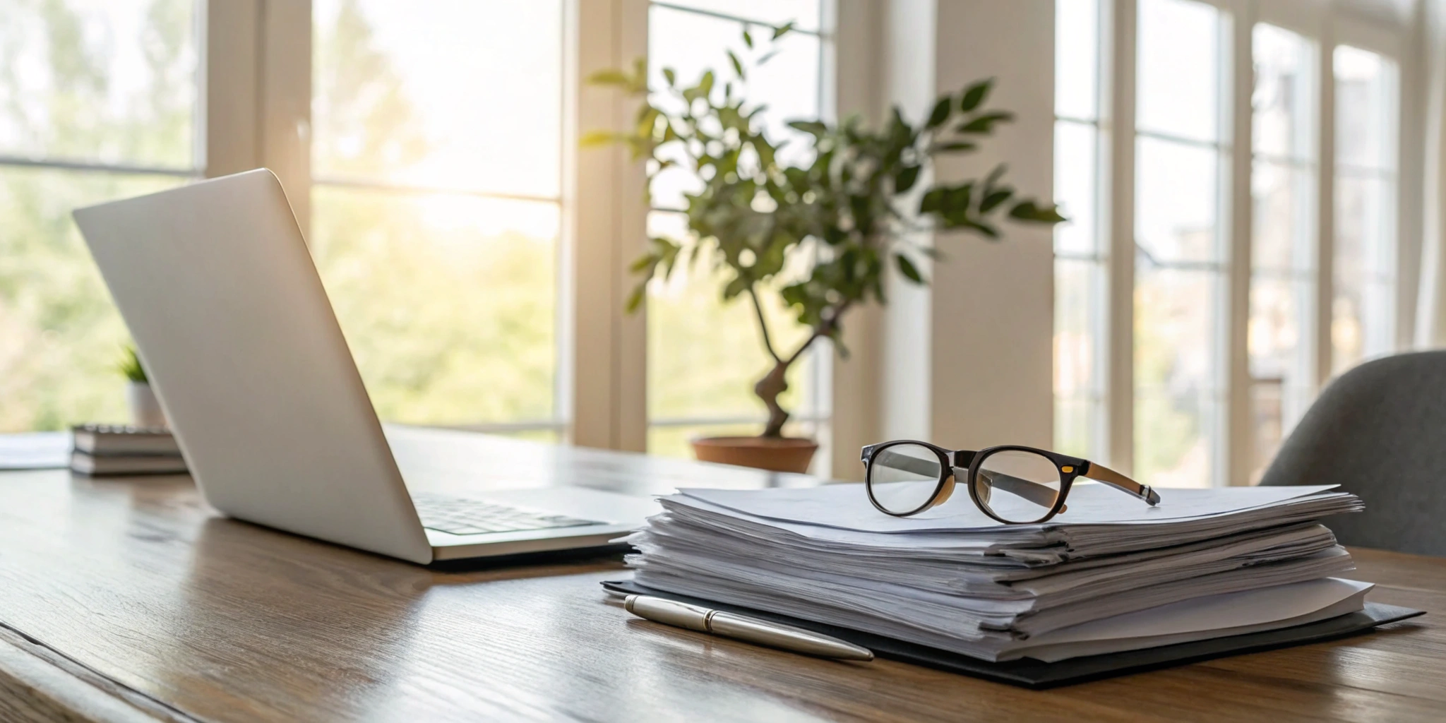 Desk with documents and a laptop prepared for a private company financial audit.