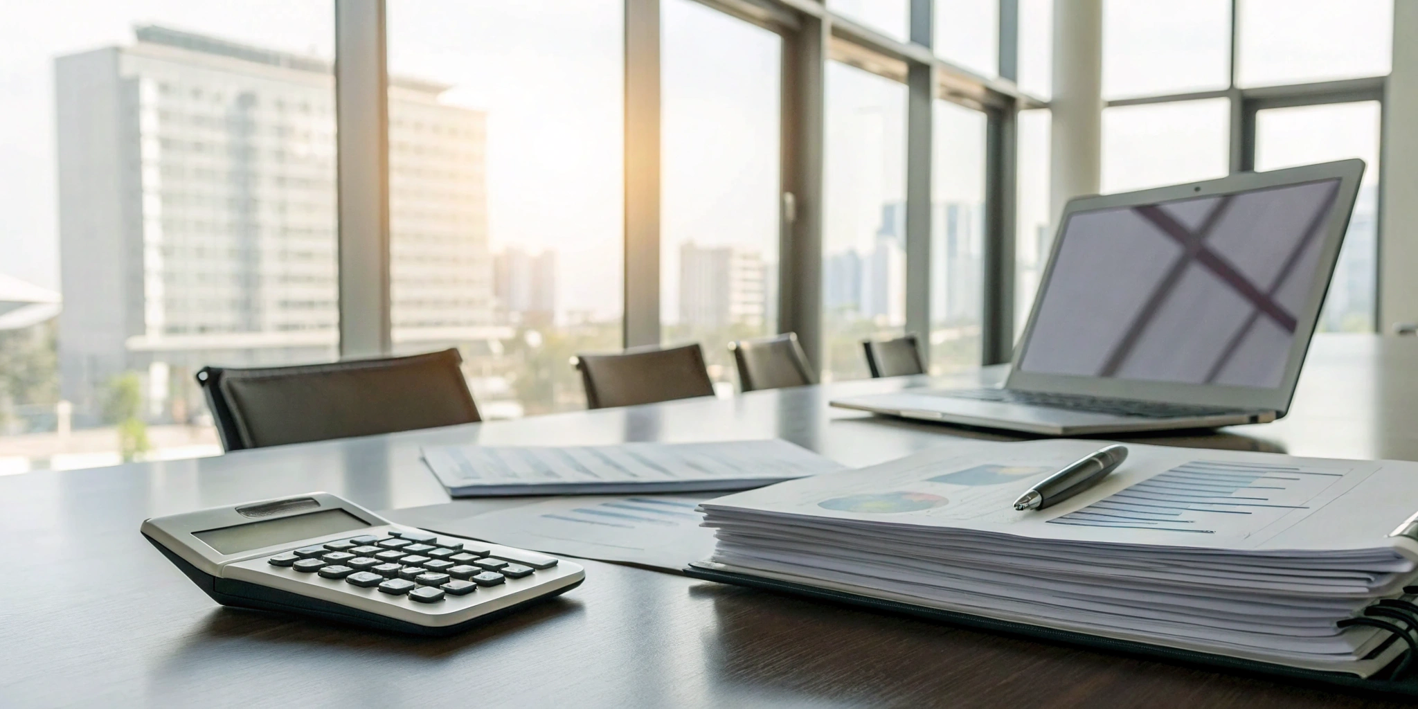 Calculating the cost of a SOX compliance audit with a laptop, financial documents, and a calculator.