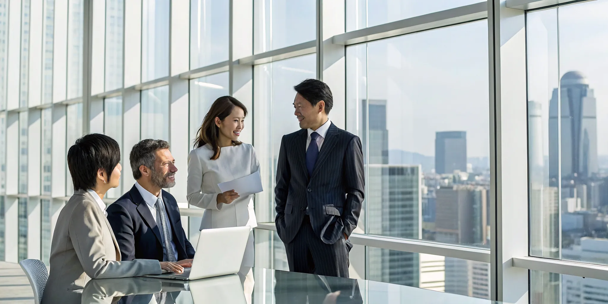 Japanese and English professionals at a bilingual CPA firm collaborating on cross-border tax strategy.