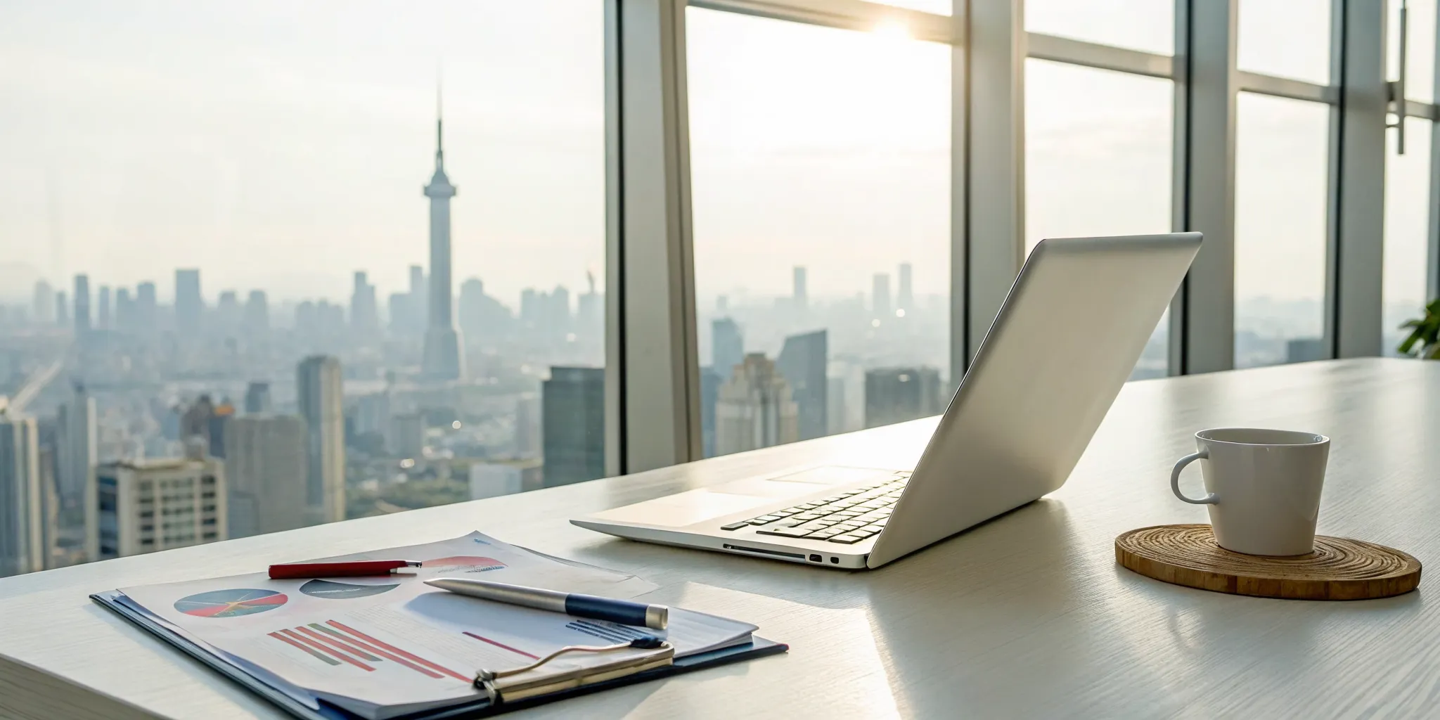 Desk with laptop for Japanese bilingual tax preparation services overlooking a city.