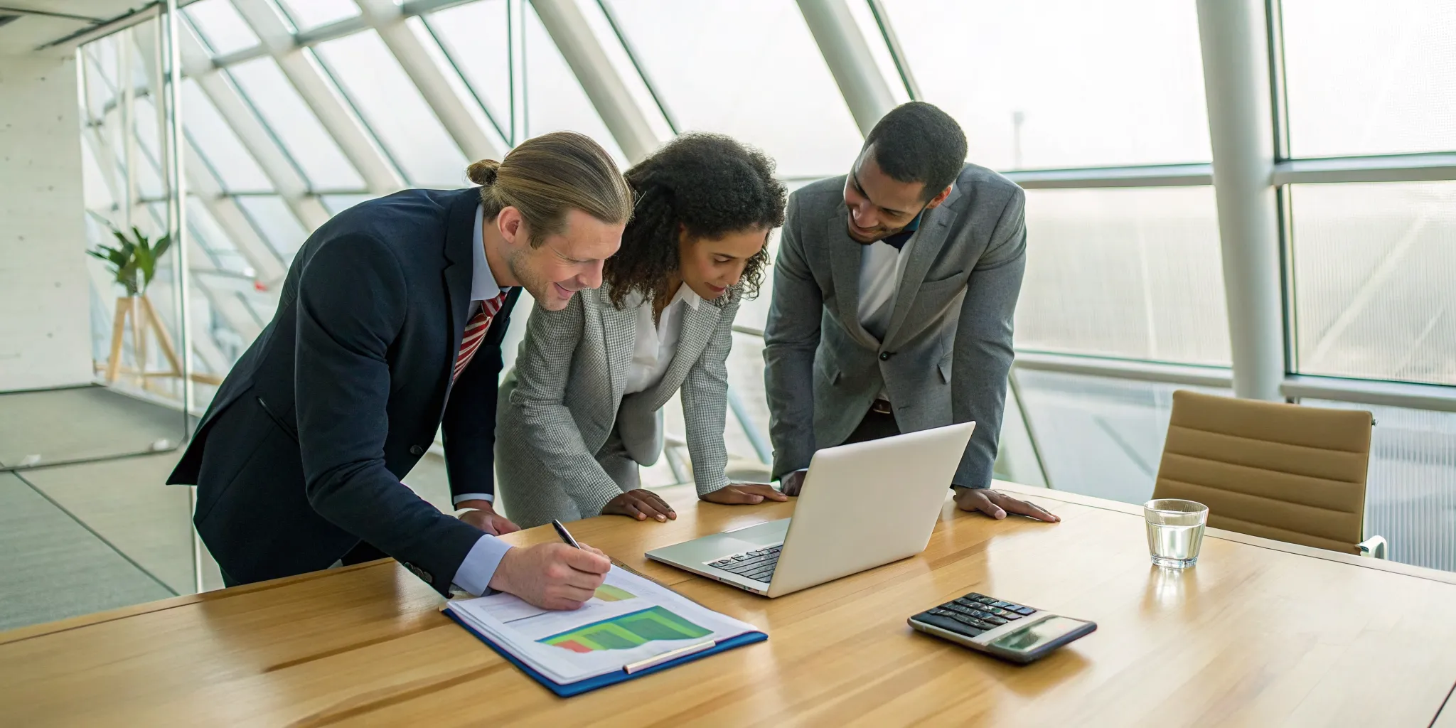 Professionals auditing a non profit organization by reviewing financial records on a laptop.