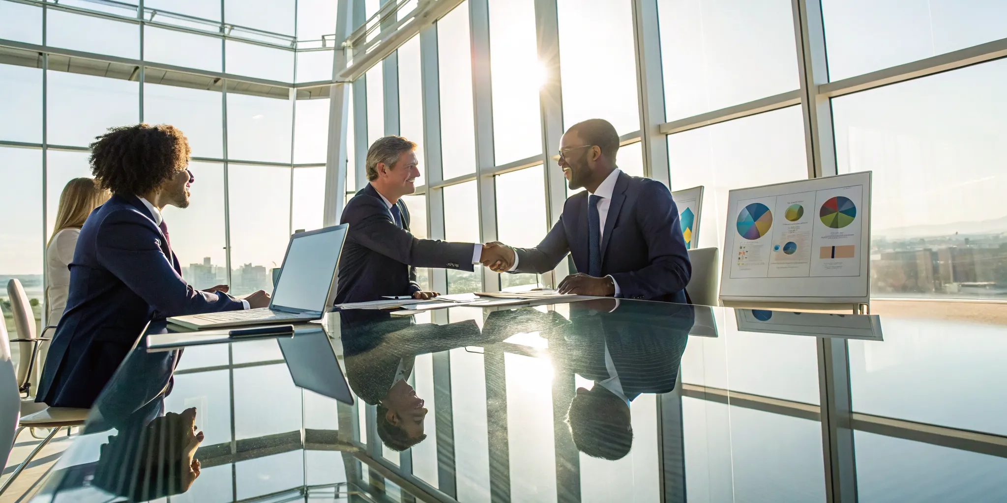 Professionals shake hands after hiring auditors for a private healthcare company.