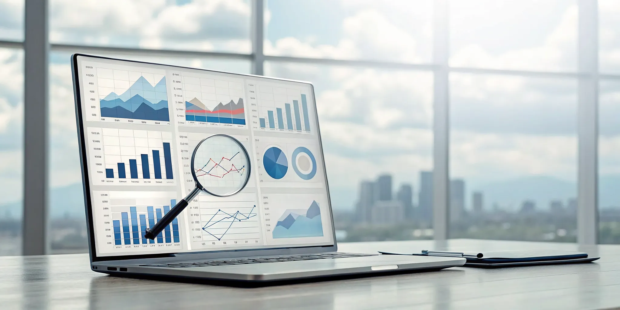 A magnifying glass inspects SaaS revenue recognition audit charts on a laptop screen.