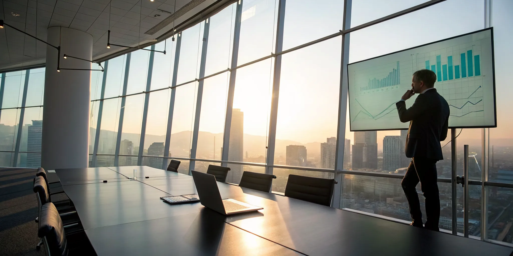 Professional analyzing financial data for a tech company audit in a modern office.