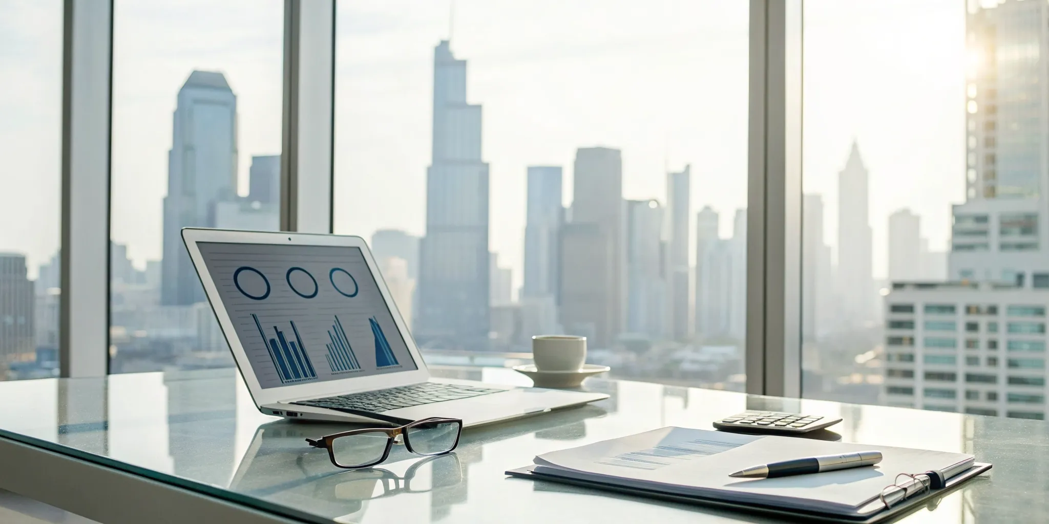 An office desk set up for PCAOB audit services with a laptop showing audit charts.