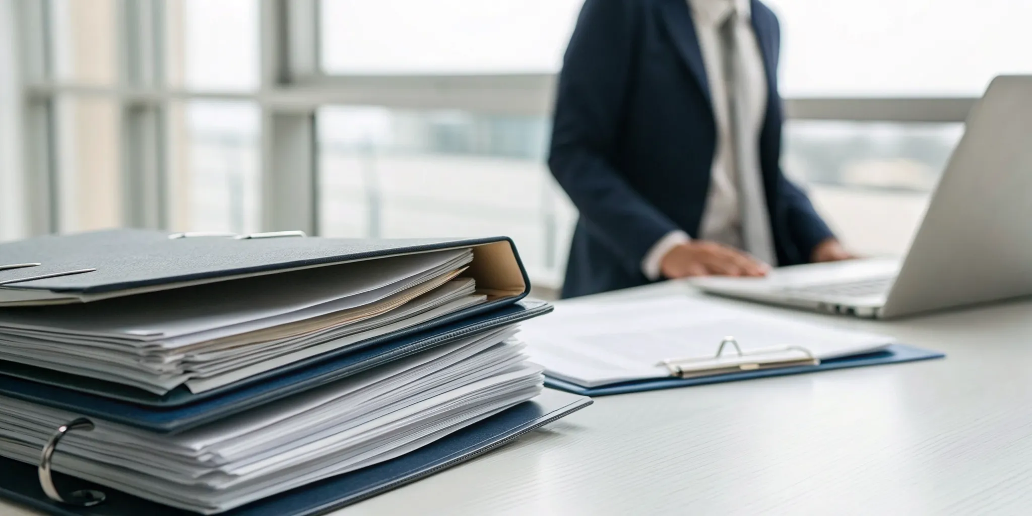 Professional analyzing a PCAOB audit report on a laptop in a modern office setting.