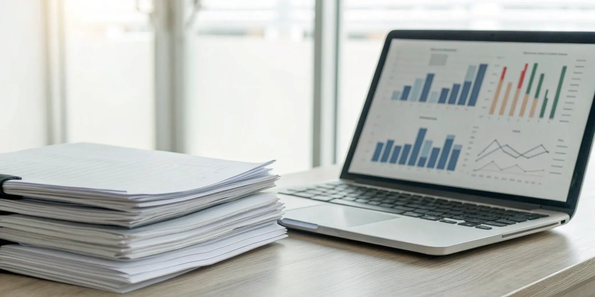 Reviewing non profit audit requirements with financial documents and a laptop.