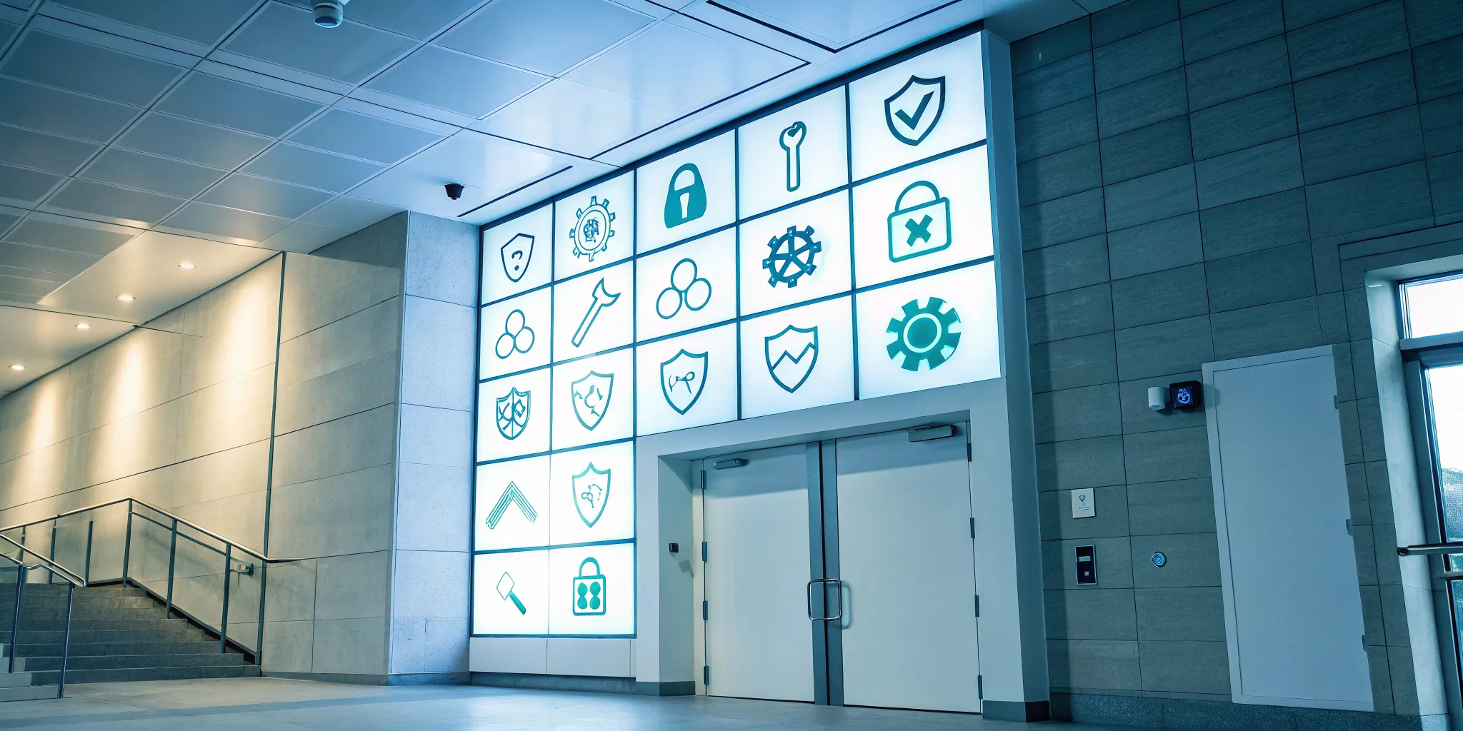 An office wall with icons showing examples of internal controls to protect a business.