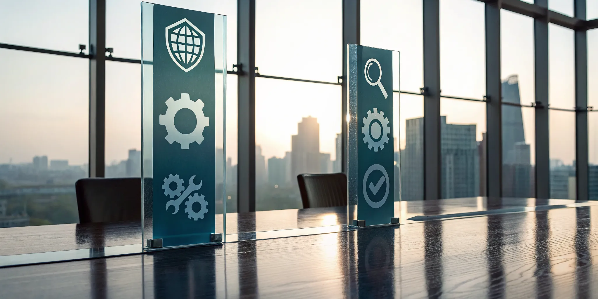 SOX compliance requirements for internal controls and security shown with icons on a modern glass wall.