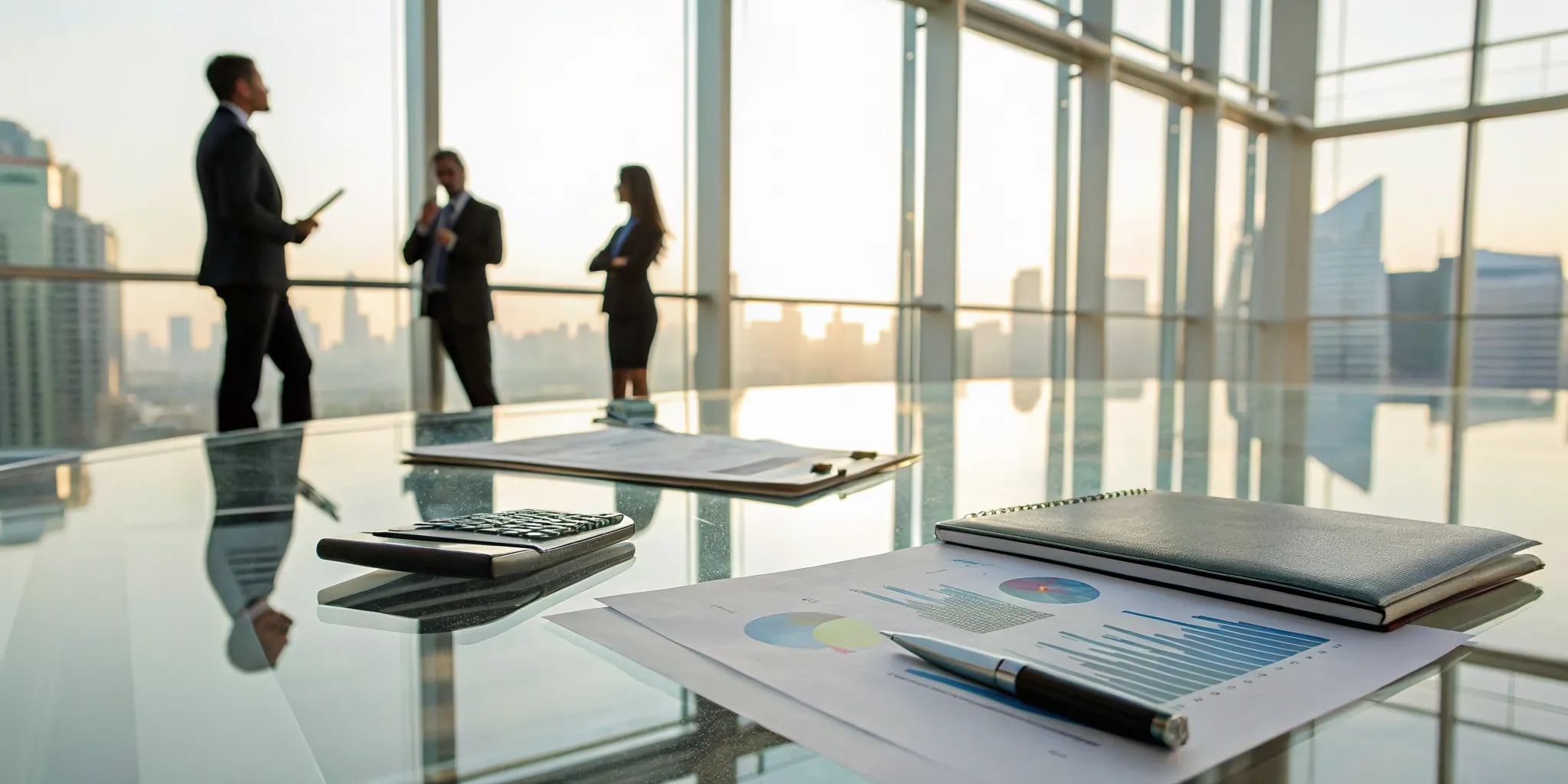 Professionals in a meeting discussing corporate tax planning strategies with charts and documents on a table.