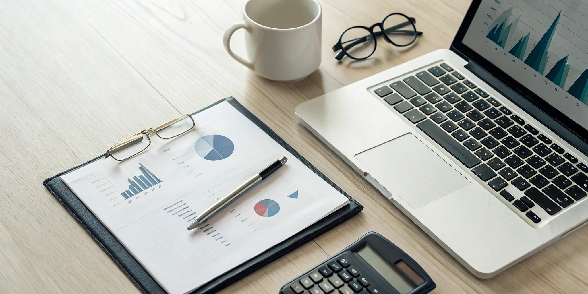 An example of a tax compliance report on a desk with a laptop and calculator.
