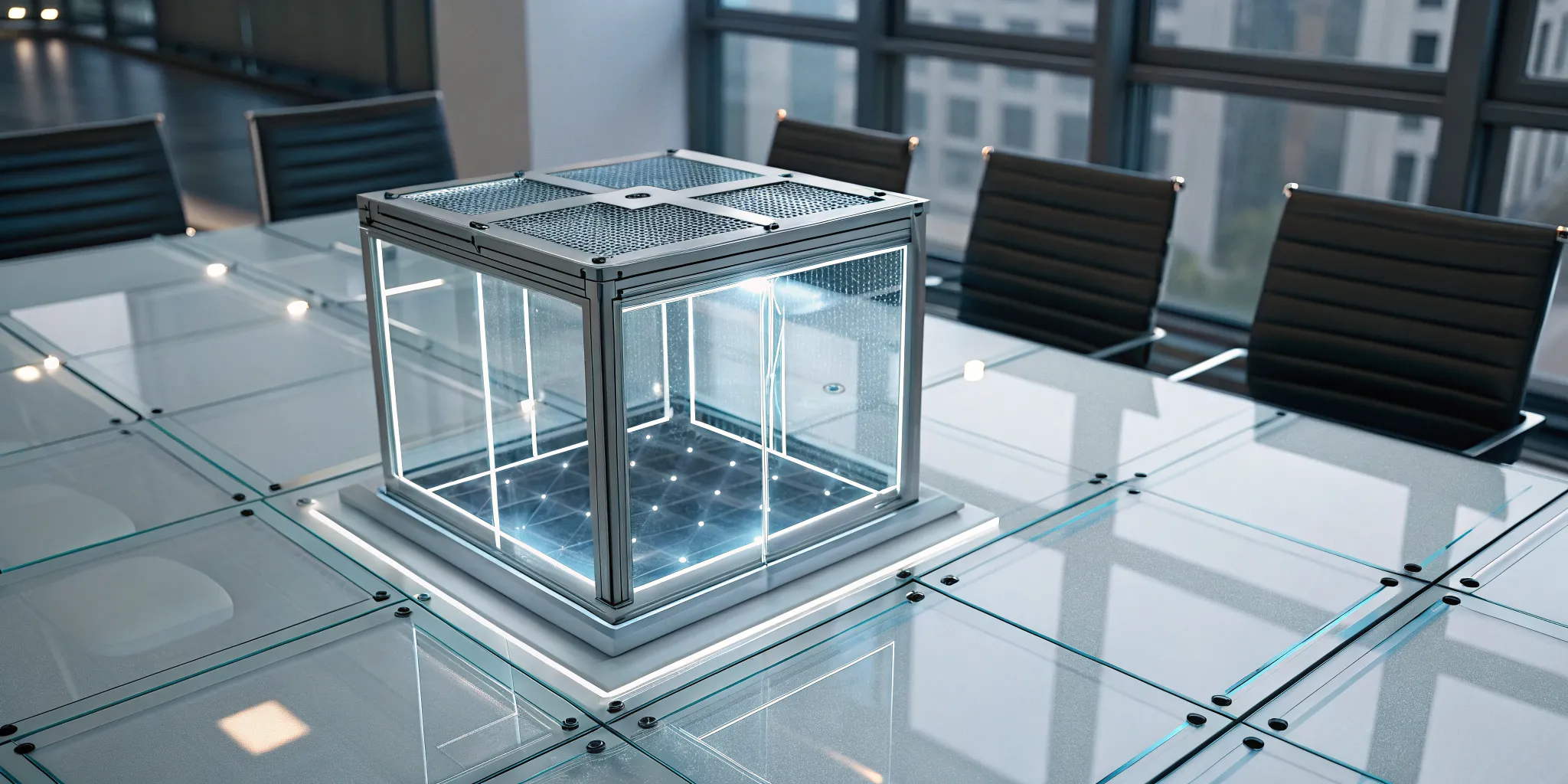 A glass cube on a conference table showing the framework of business internal controls.